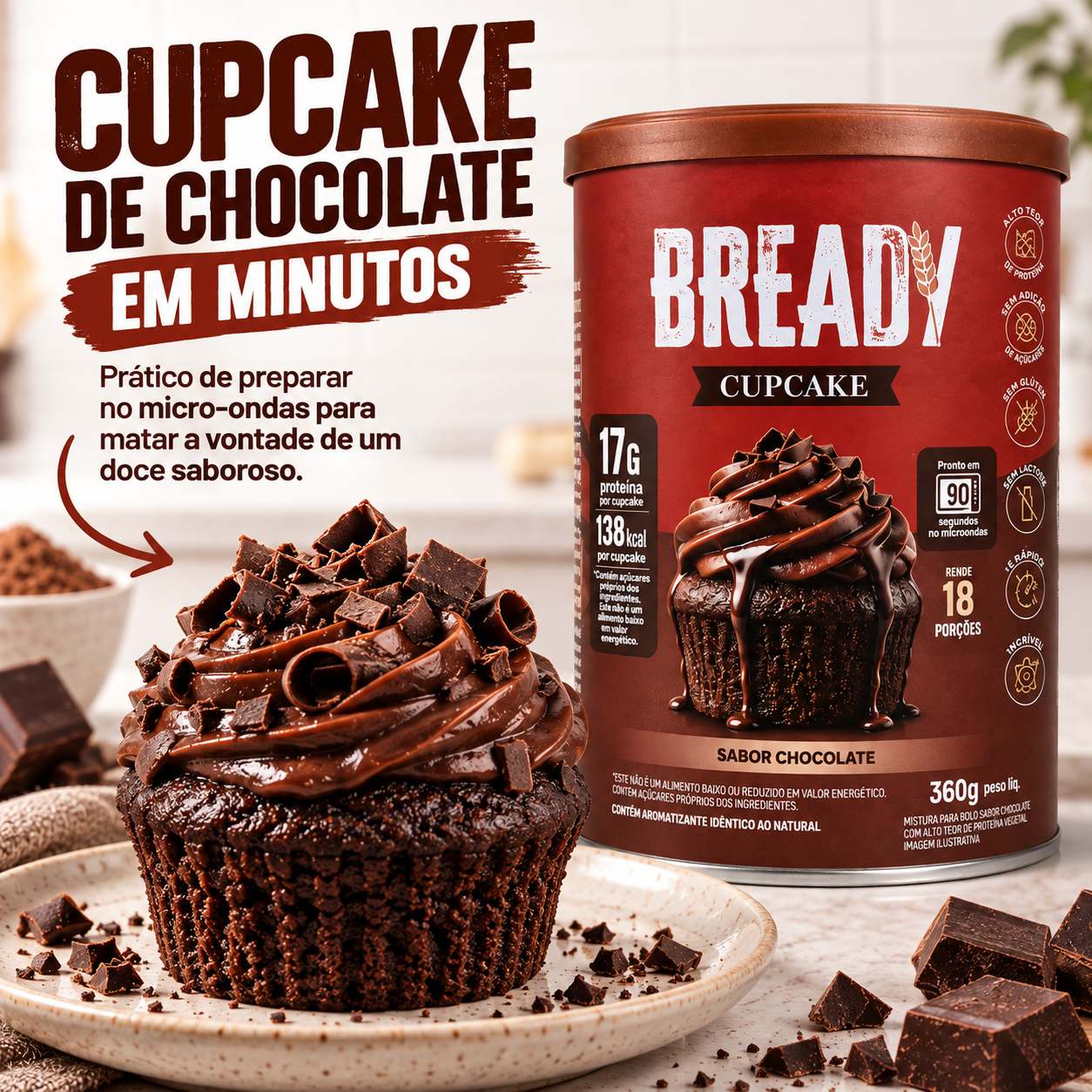 Bready Cupcake Chocolate - 17g Proteina 5g Fibra - 18 Doses