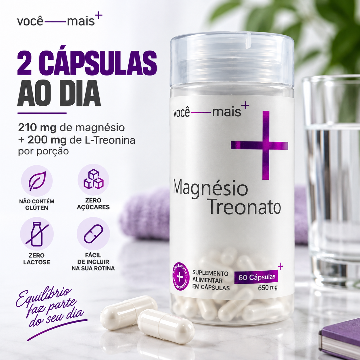 Magnésio Treonato 650mg 60 Cápsulas . VOCE MAIS