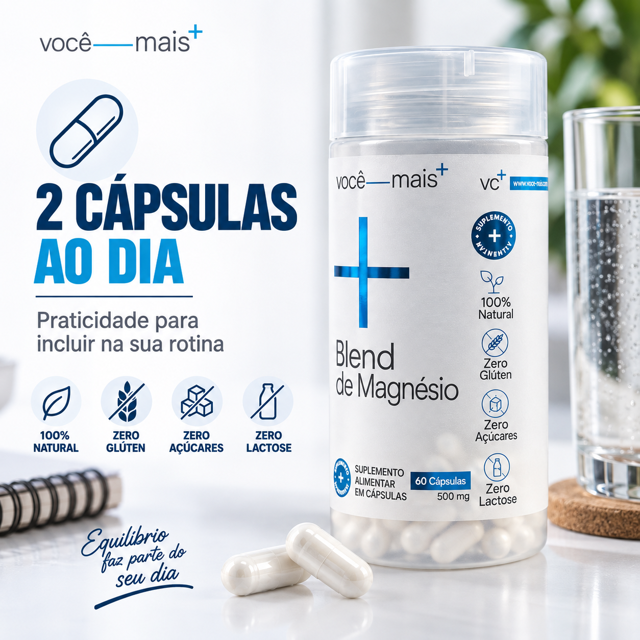 Blend de Magnésio 500mg 60 Cápsulas . VOCE MAIS