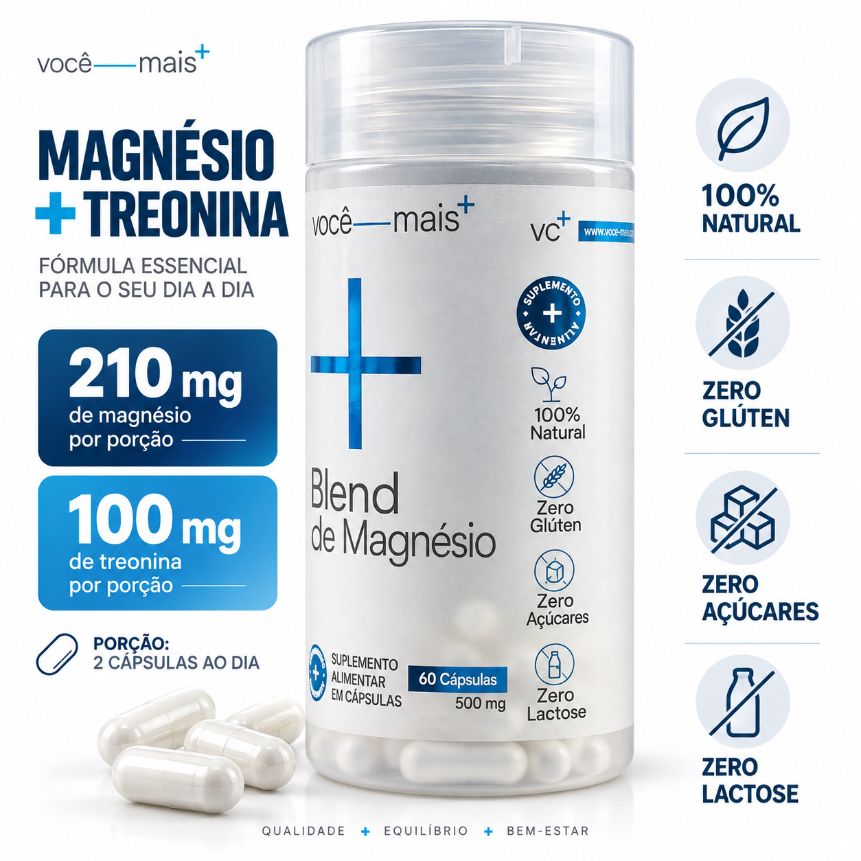 Blend de Magnésio 500mg 60 Cápsulas . VOCE MAIS