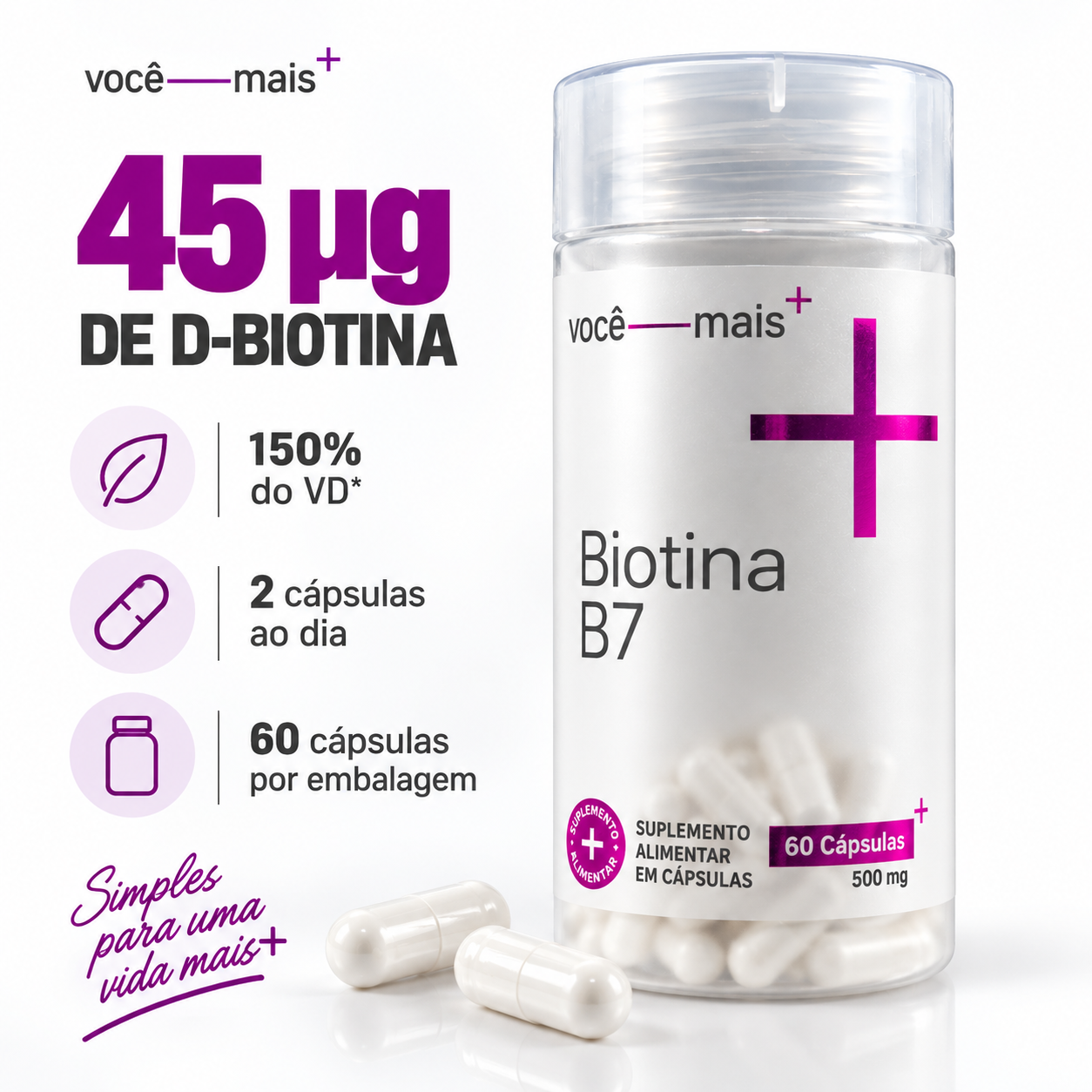 Biotina B7 500mg 60 Cápsulas . VOCE MAIS