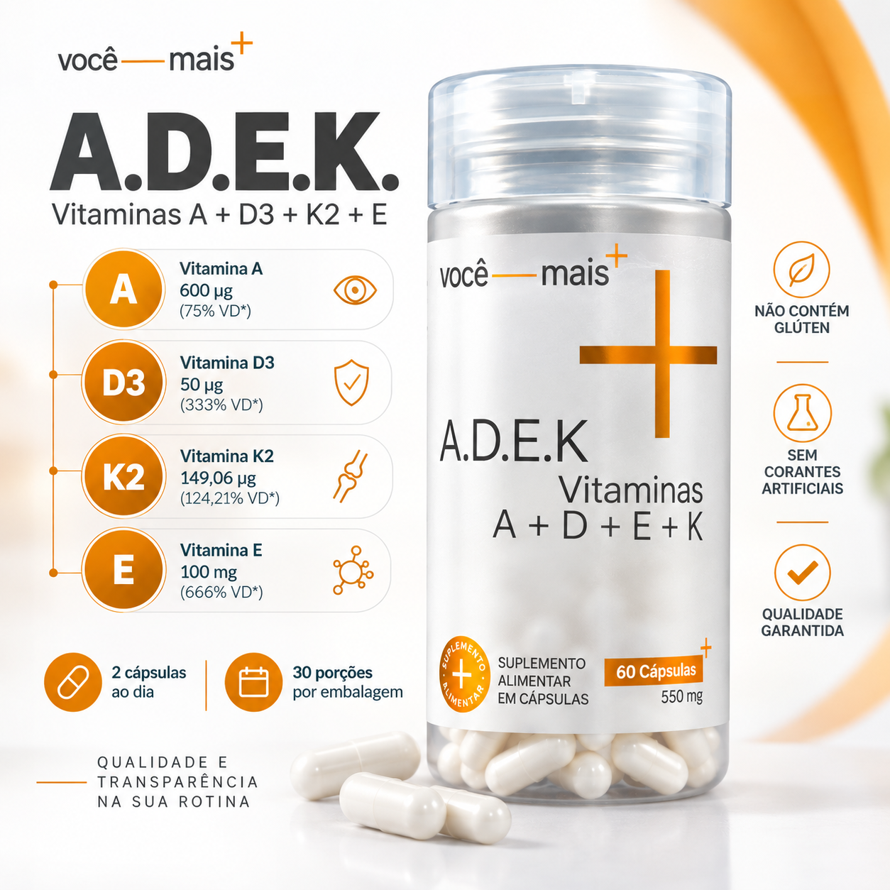 ADEK Vitaminas A, D, E, K 550mg 60 Cápsulas . VOCE MAIS