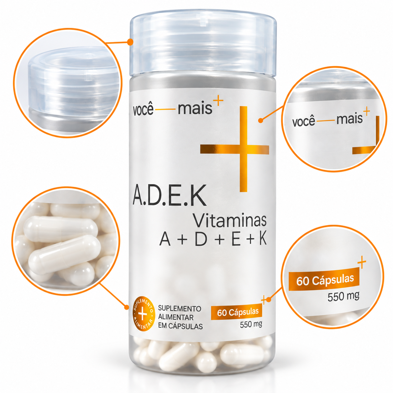 ADEK Vitaminas A, D, E, K 550mg 60 Cápsulas . VOCE MAIS