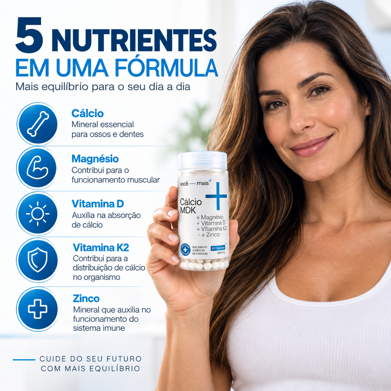 Cálcio MDK + Magnésio + Vitaminas D e K2 + Zinco 60 Cápsulas