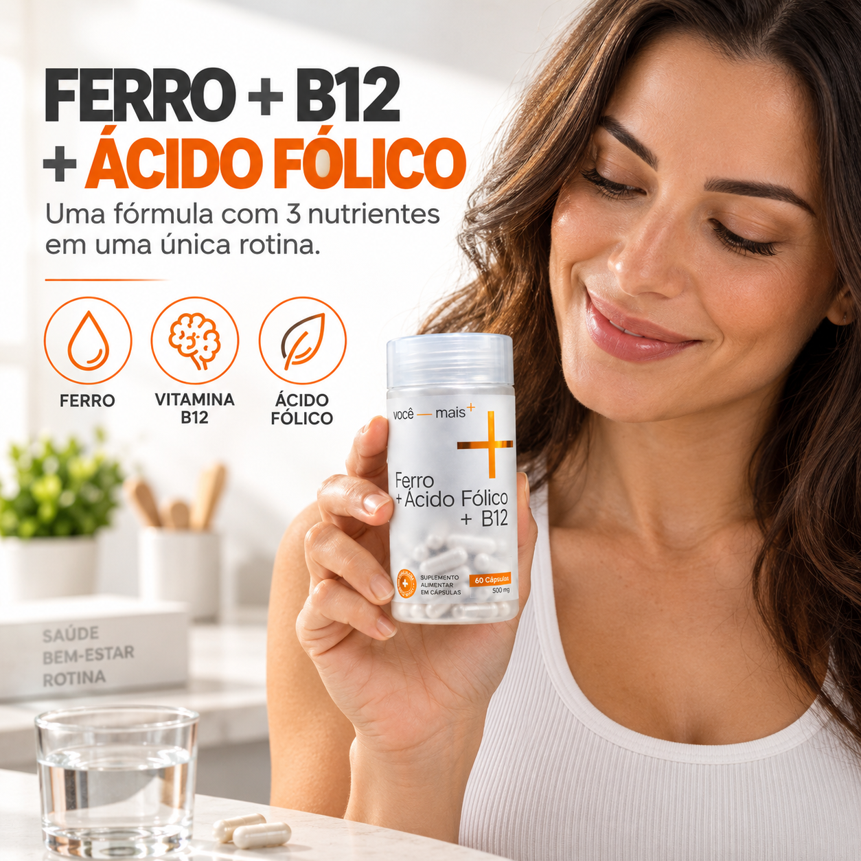 Ferro + Ácido Fólico + B12 500mg 60 Cápsulas