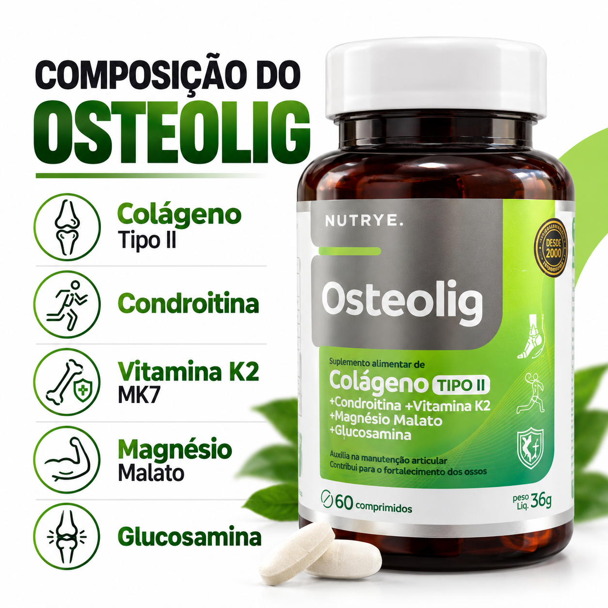 Osteolig Nutrye Colágeno Tipo II + Condroitina + Vitamina K2 60 Comprimidos