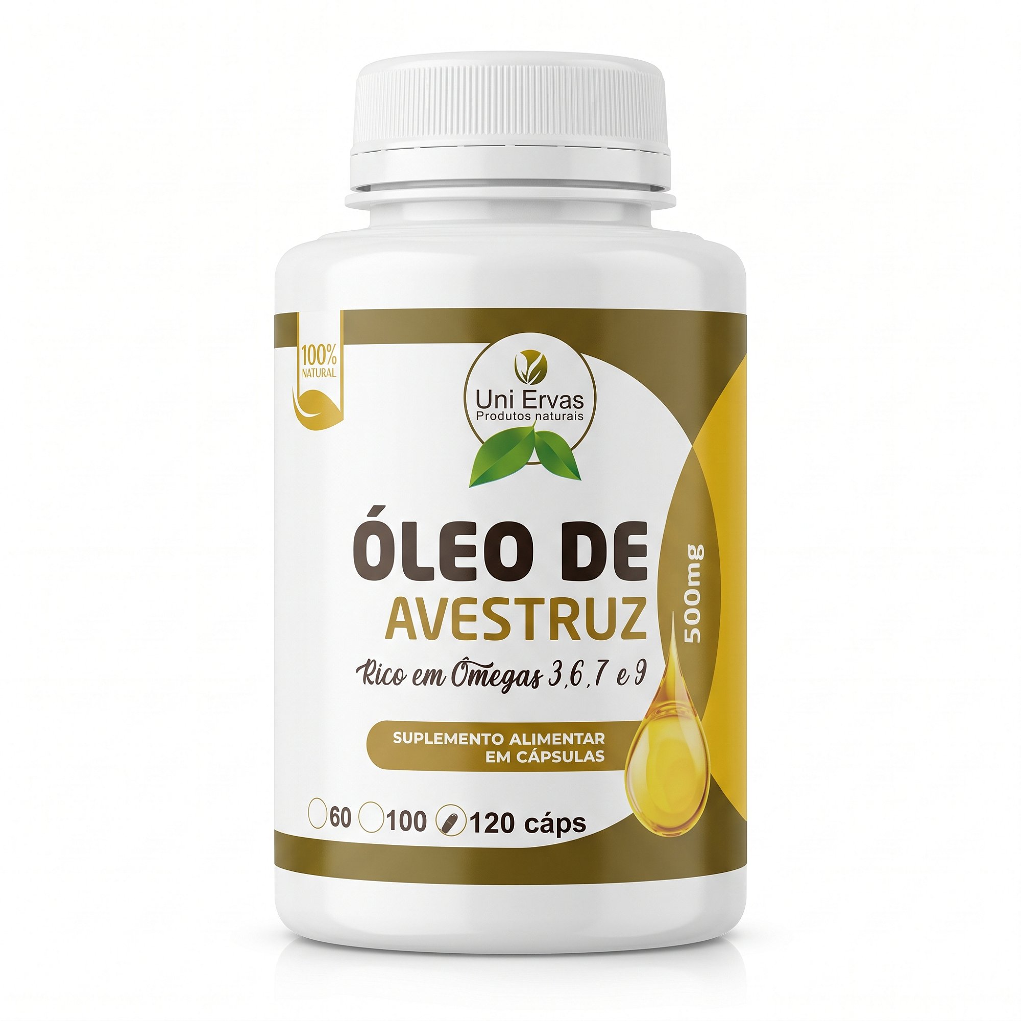 Óleo de Avestruz Natural 120 Cáps 500mg Rico em Ômegas 3, 6, 7 e 9