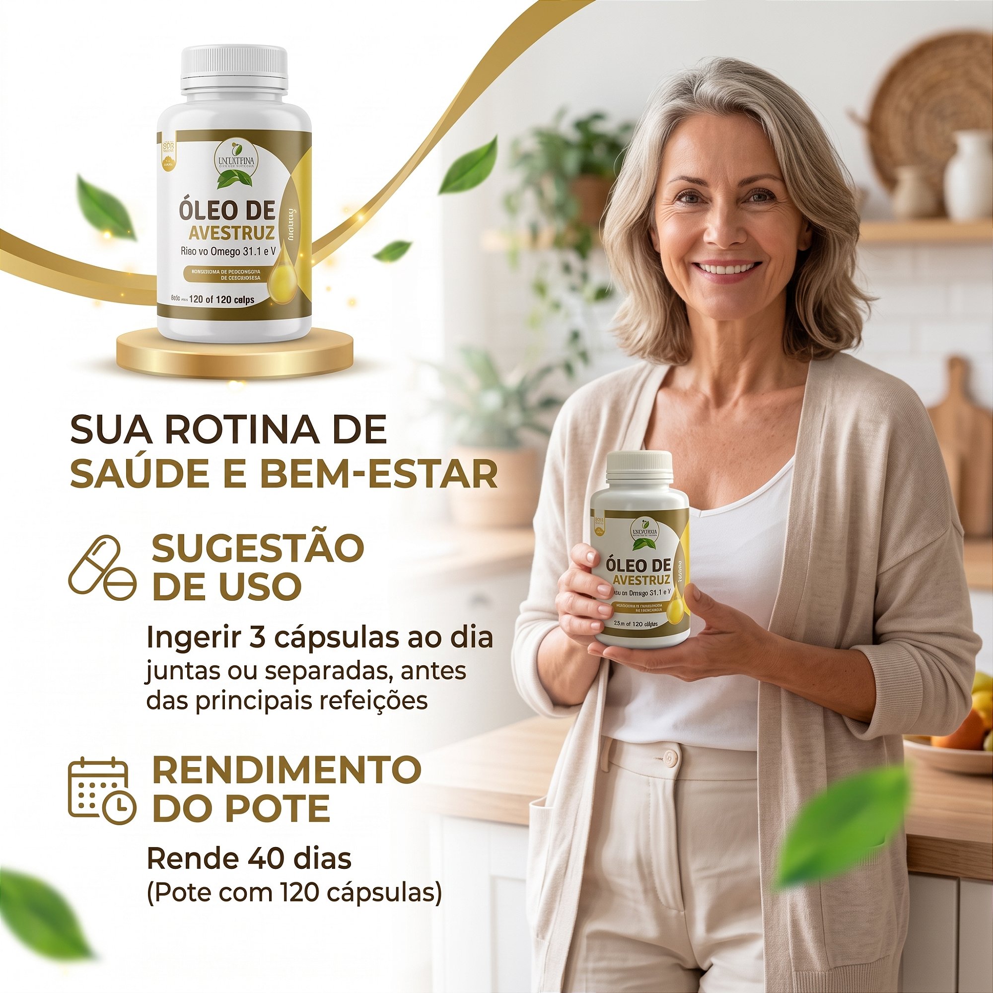 Óleo de Avestruz Natural 120 Cáps 500mg Rico em Ômegas 3, 6, 7 e 9