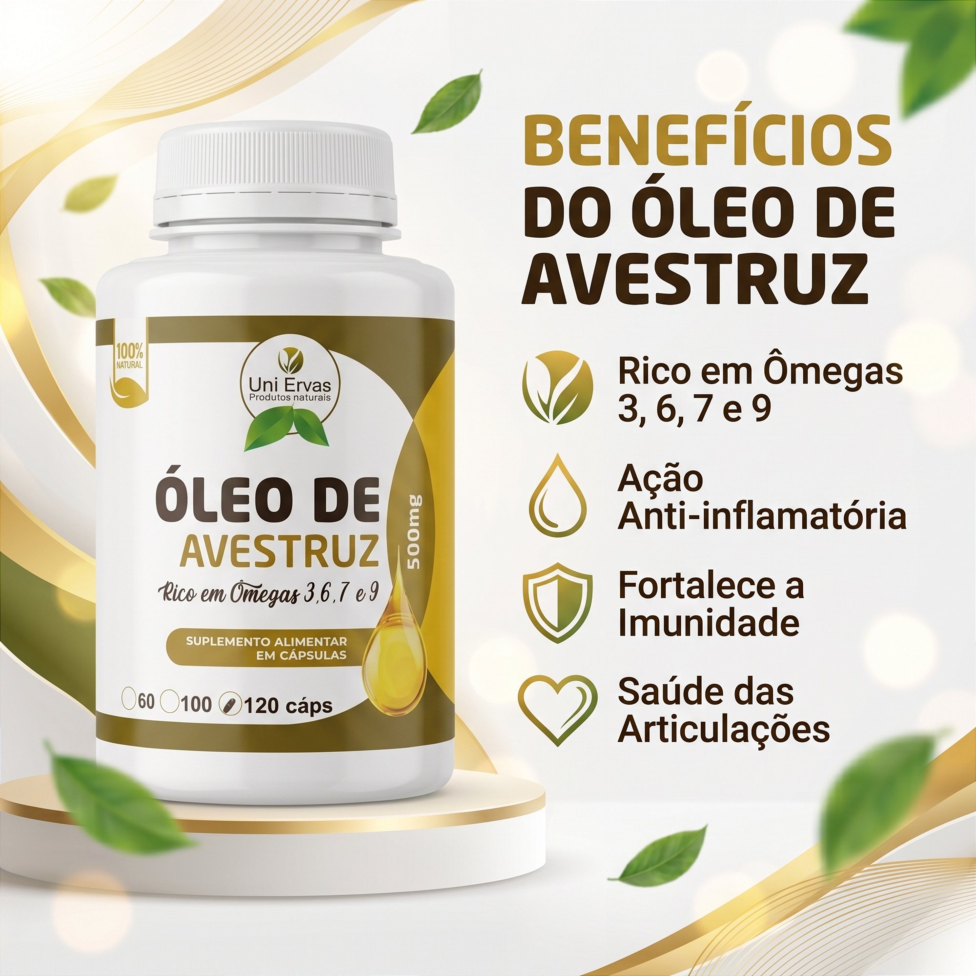 Óleo de Avestruz Natural 120 Cáps 500mg Rico em Ômegas 3, 6, 7 e 9