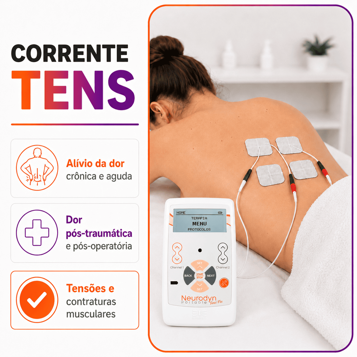 Kit Neurodyn Portátil TENS FES + 4 Eletrodos e 2 Cintas Elásticas - Ibramed
