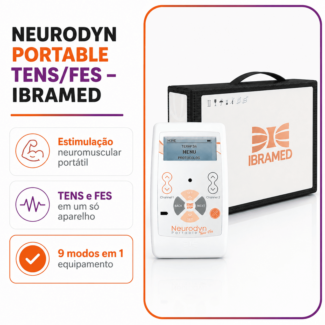 Kit Neurodyn Portátil TENS FES + 4 Eletrodos e 2 Cintas Elásticas - Ibramed