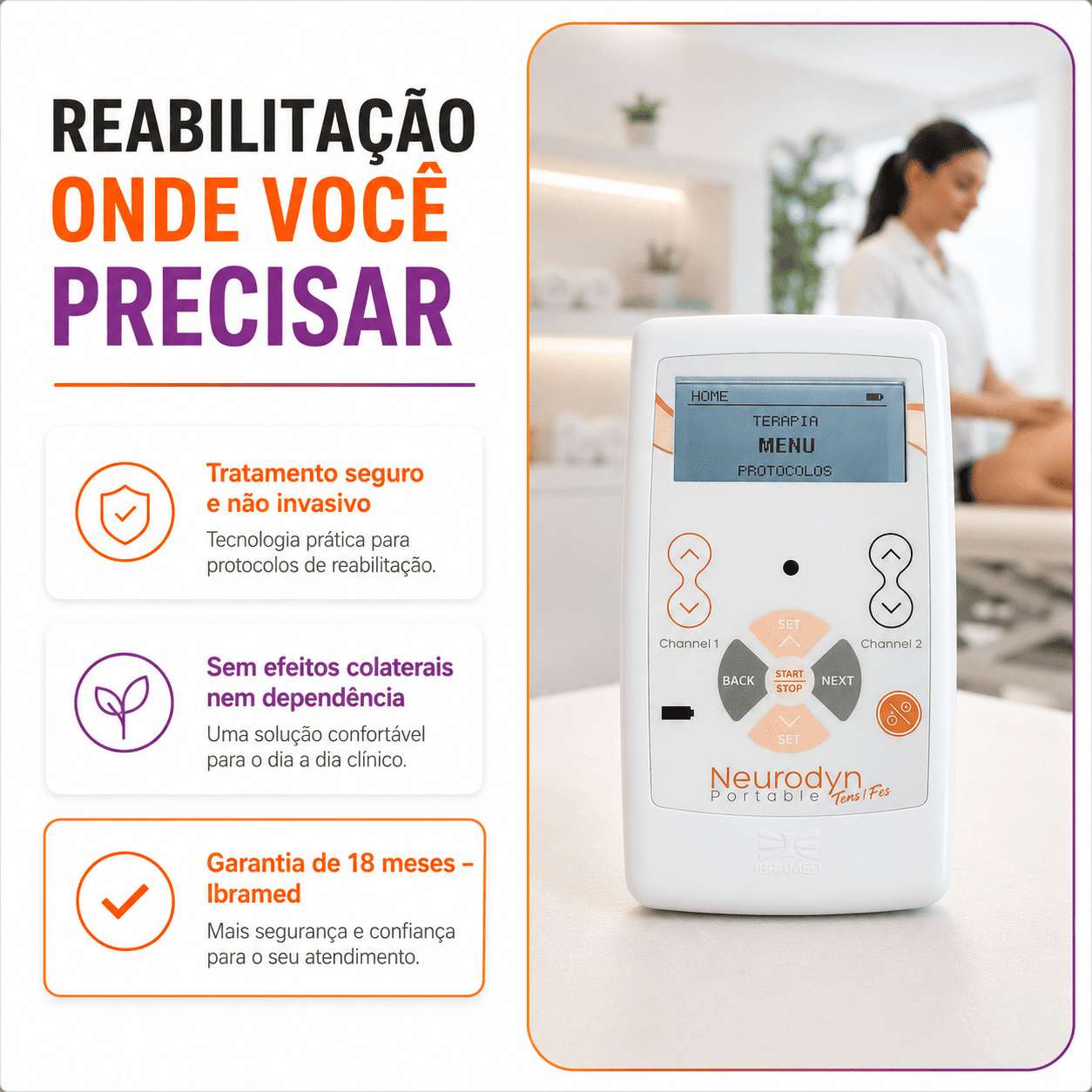 Kit Neurodyn Portátil TENS FES + 4 Eletrodos e 2 Cintas Elásticas - Ibramed