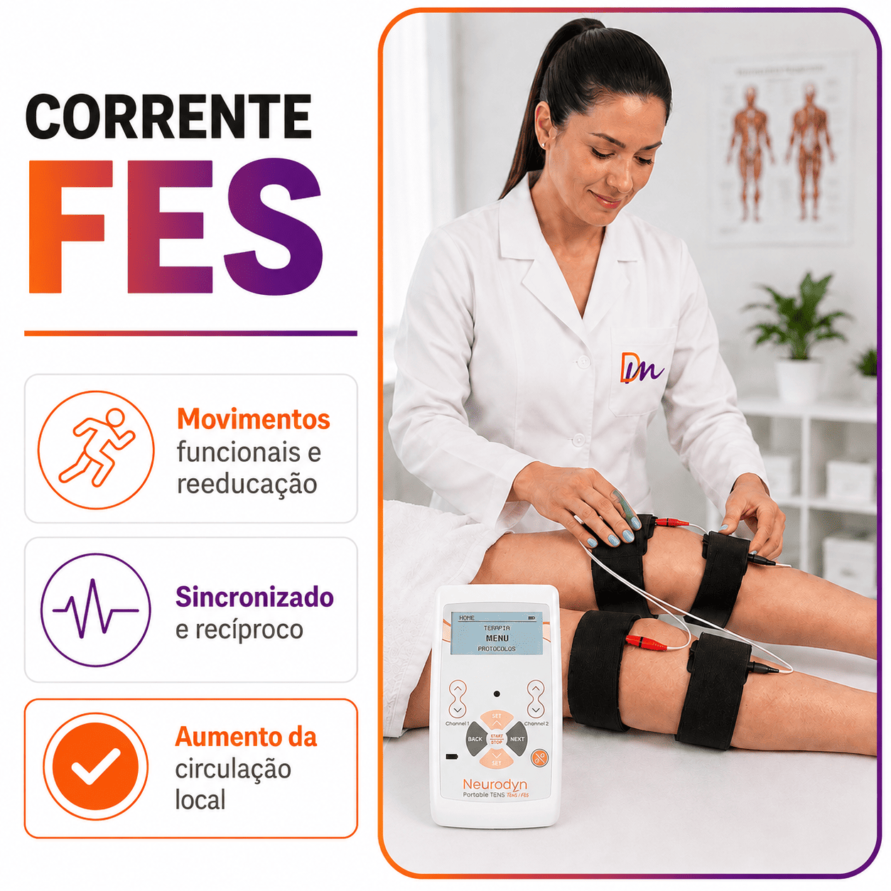 Kit Neurodyn Portátil TENS FES + 4 Eletrodos e 2 Cintas Elásticas - Ibramed