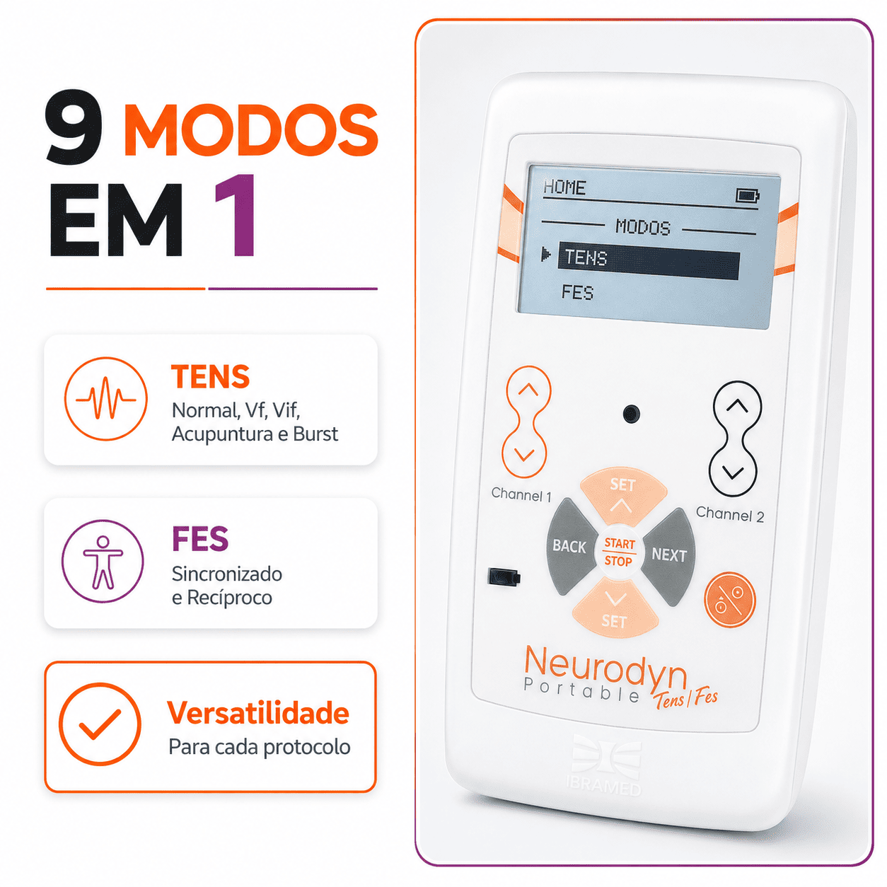 Kit Neurodyn Portátil TENS FES + 4 Eletrodos e 2 Cintas Elásticas - Ibramed