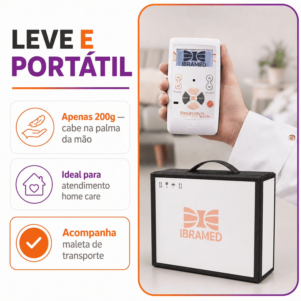 Kit Neurodyn Portátil TENS FES + 4 Eletrodos e 2 Cintas Elásticas - Ibramed