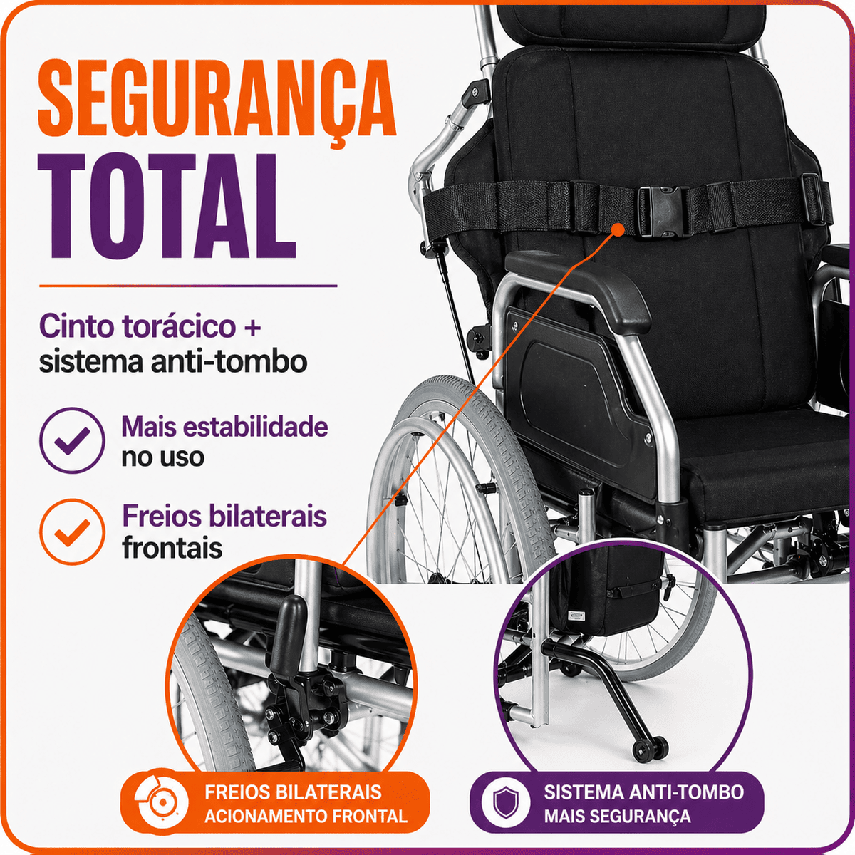 Cadeira De Rodas Reclinável Tetra D700 Até 130kg - Dellamed