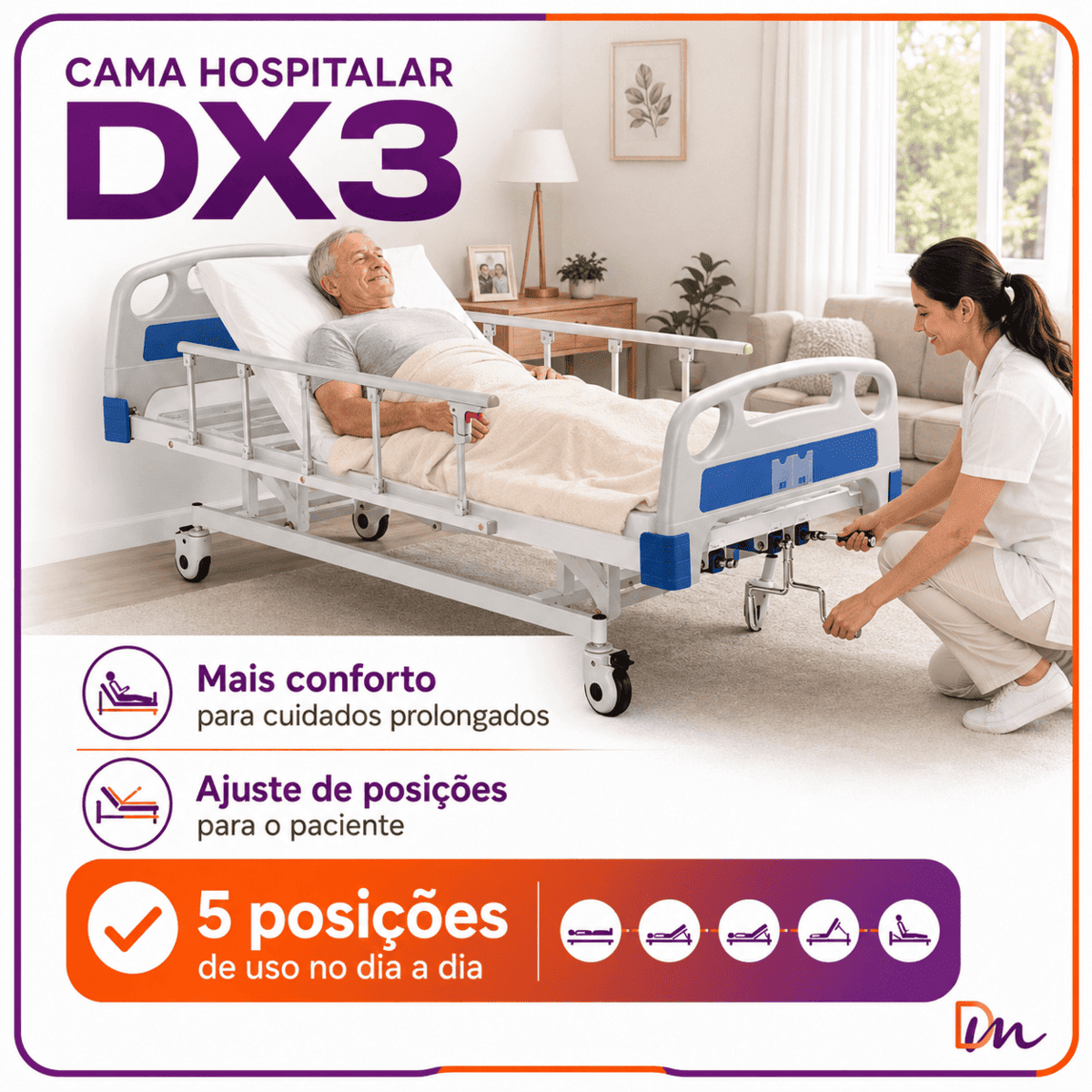 Cama Hospitalar Manual 3 Movimentos DX3 Dellamed 200 kg