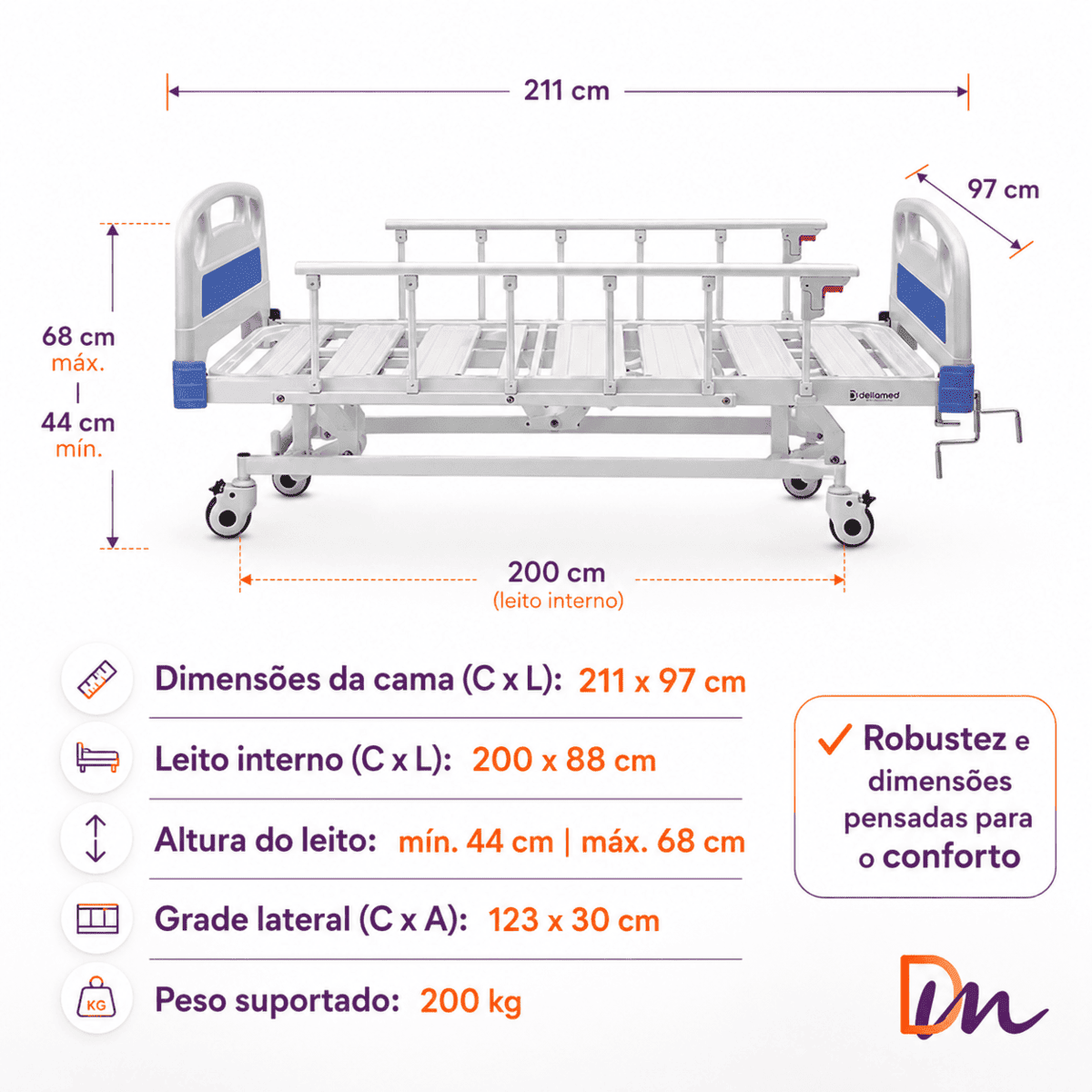 Cama Hospitalar Manual 3 Movimentos DX3 Dellamed 200 kg