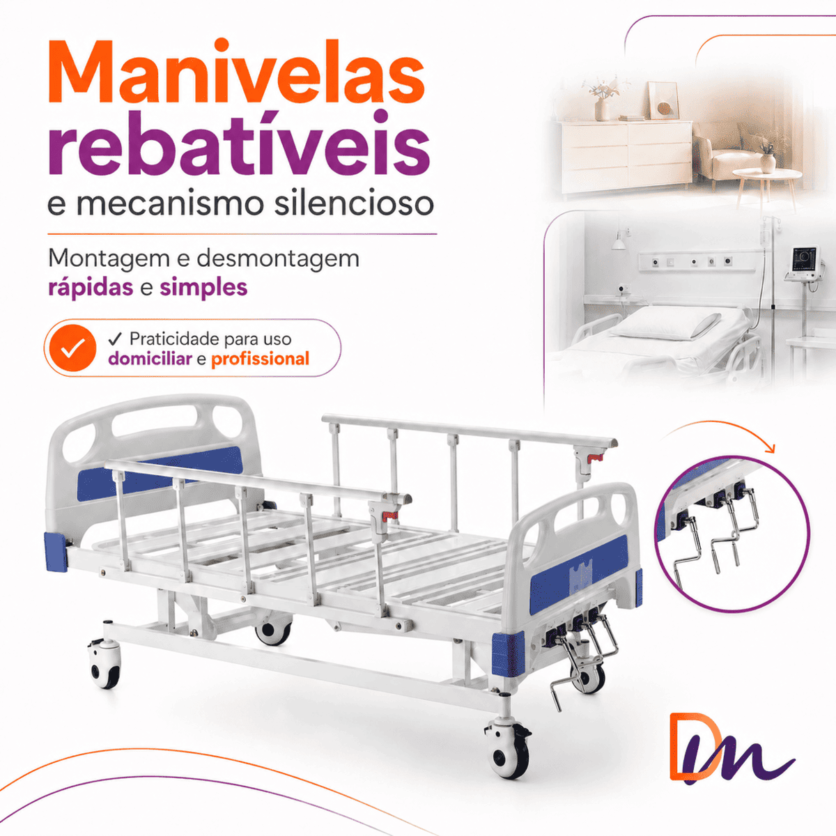 Cama Hospitalar Manual 3 Movimentos DX3 Dellamed 200 kg