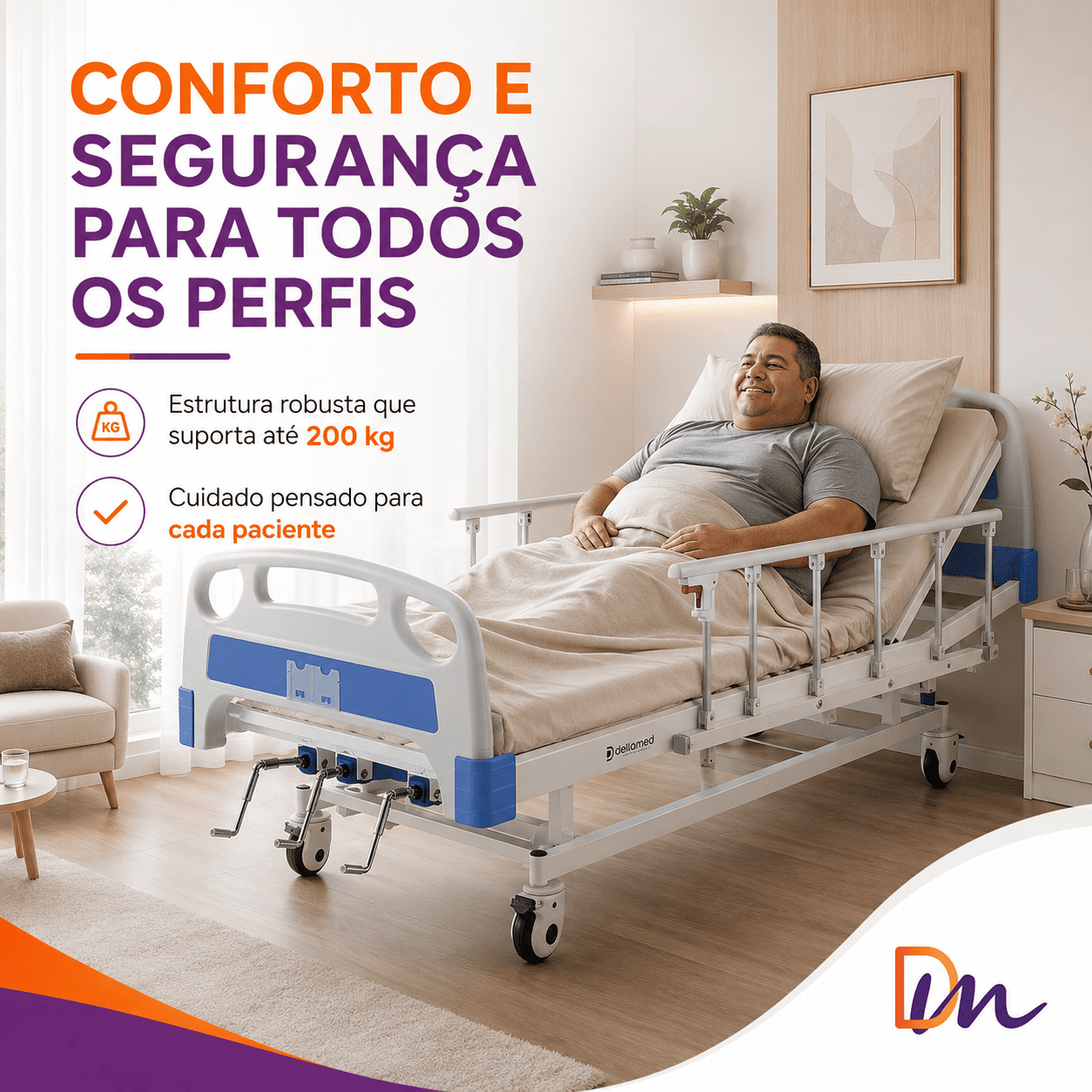 Cama Hospitalar Manual 3 Movimentos DX3 Dellamed 200 kg