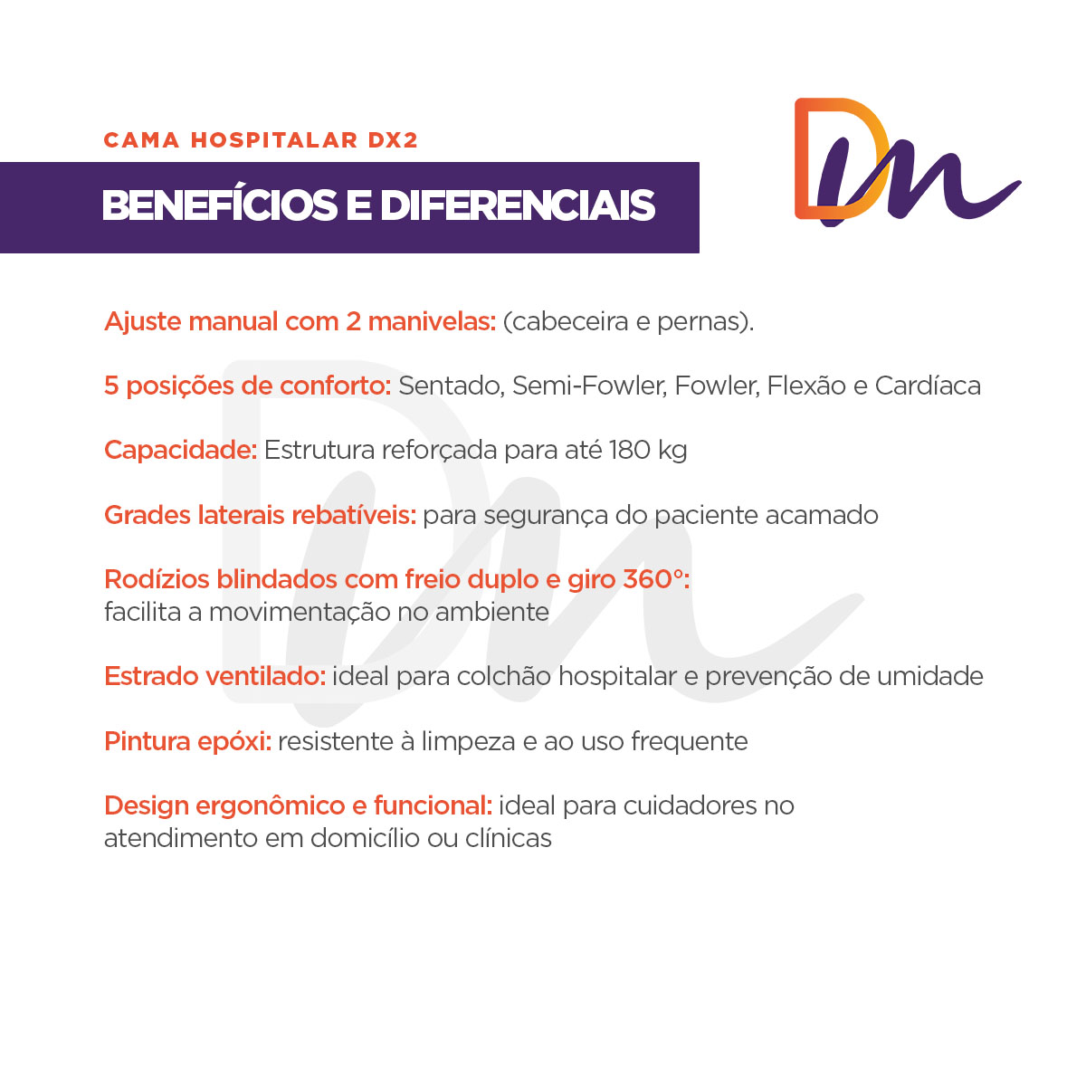 Cama Hospitalar 2 Movimentos Manual Até 180kg DX2 - Dellamed