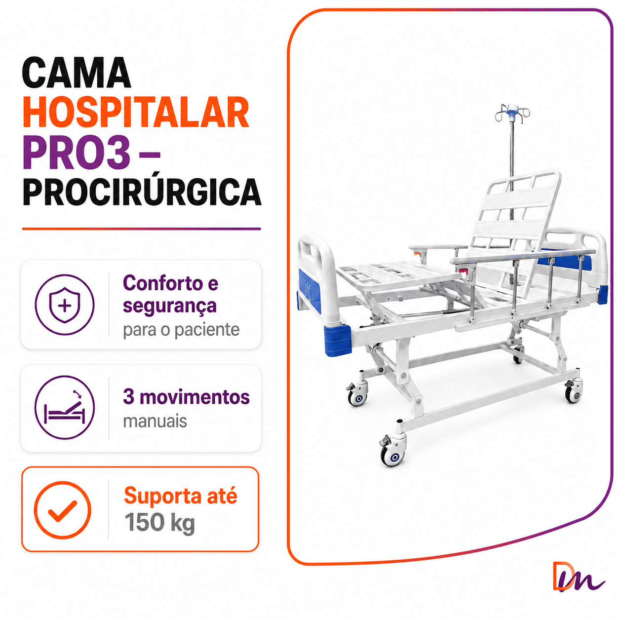 Cama Hospitalar Fowler Pro 3 com Suporte de Soro Health Clean
