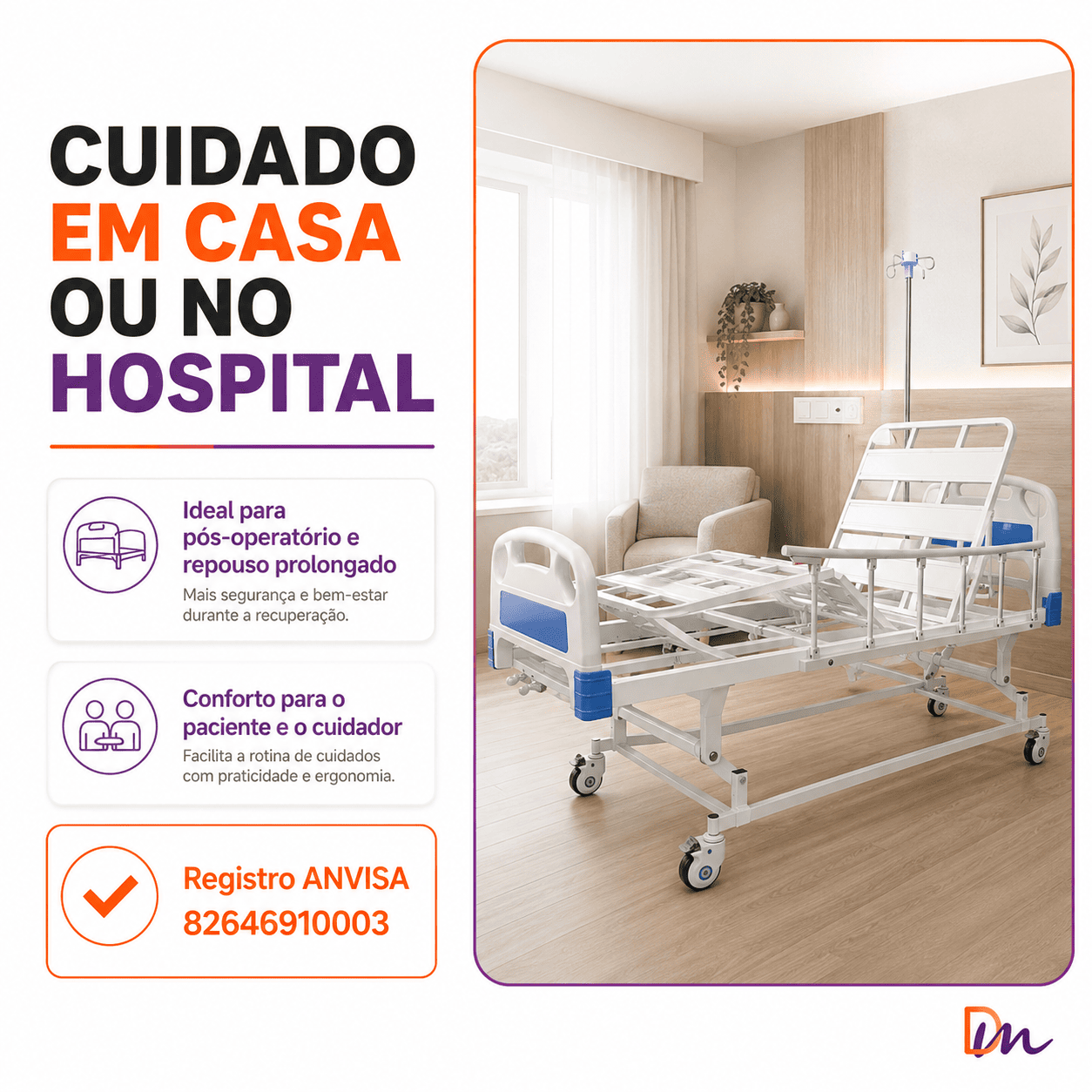 Cama Hospitalar Fowler Pro 3 com Suporte de Soro Health Clean