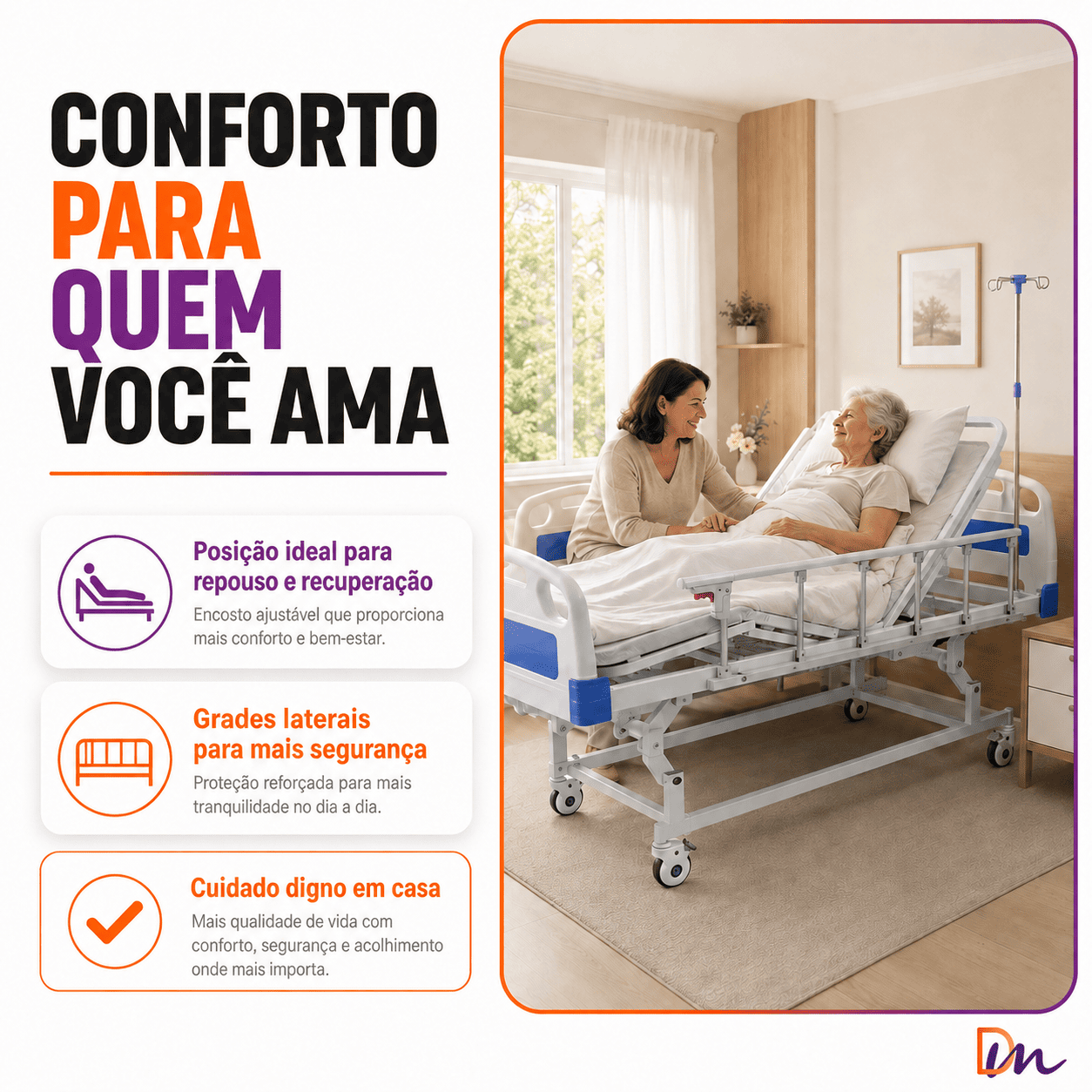 Cama Hospitalar Fowler Pro 3 com Suporte de Soro Health Clean