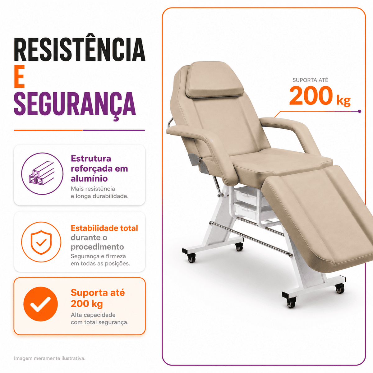 Maca Poltrona Fixa Estética Reclinável Soft Bege base Branco Com 2 Bandejas - Akmed
