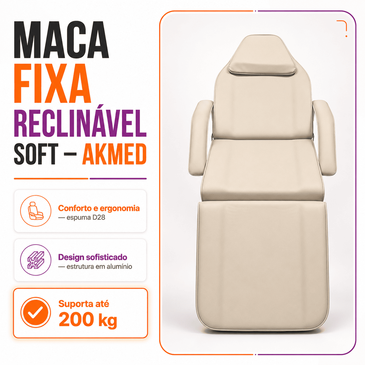 Maca Poltrona Fixa Estética Reclinável Soft Bege base Branco Com 2 Bandejas - Akmed