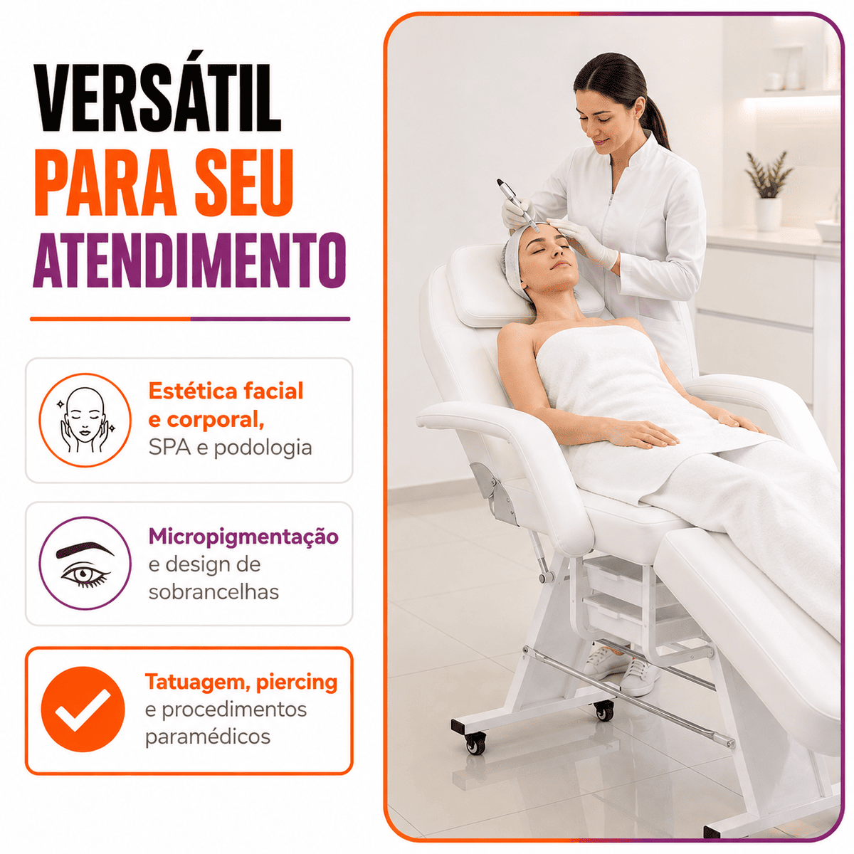 Maca Poltrona Fixa Estética Reclinável Branca Com 2 Bandejas - Akmed