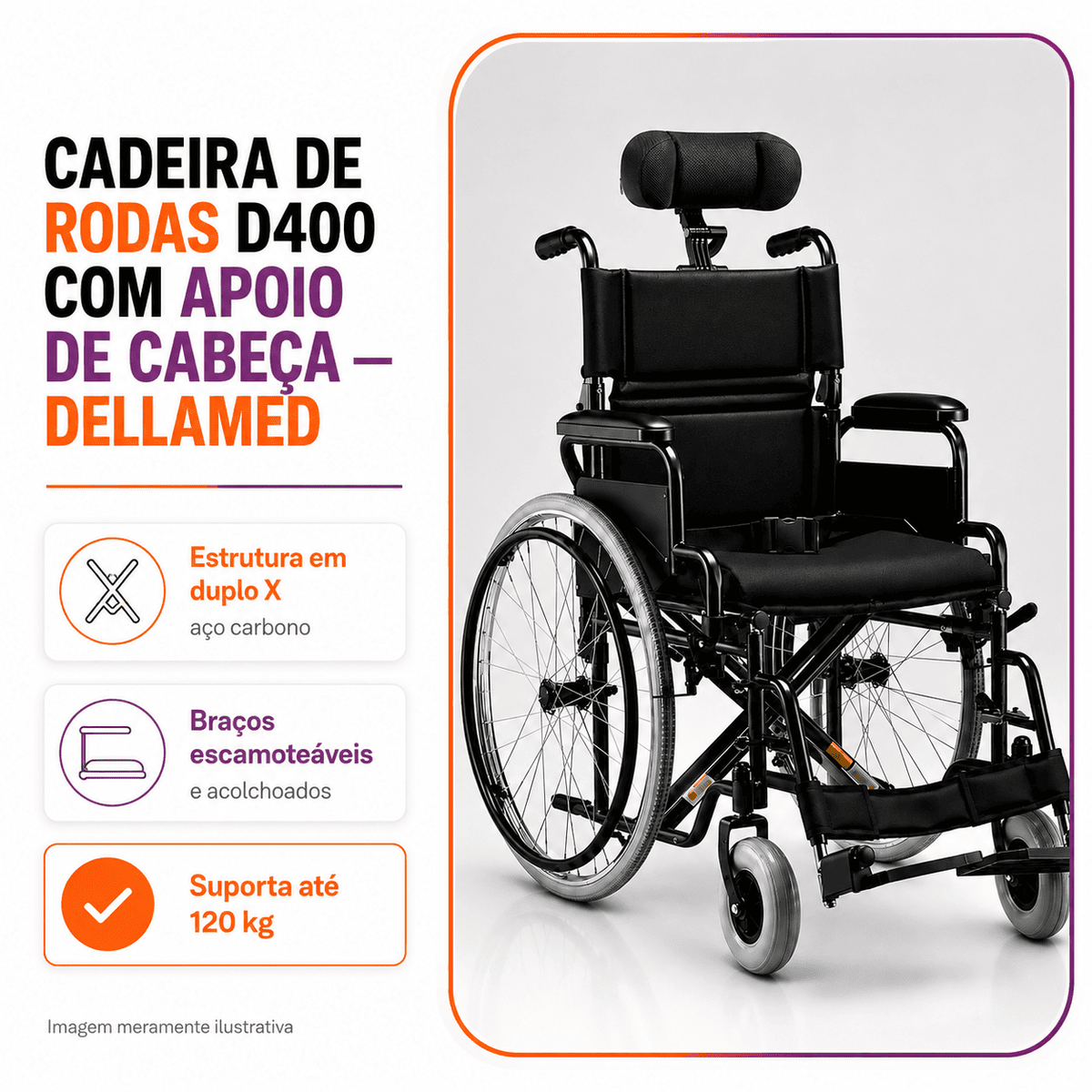 Cadeira De Rodas Modelo D400 + Apoio de Cabeça - Dellamed