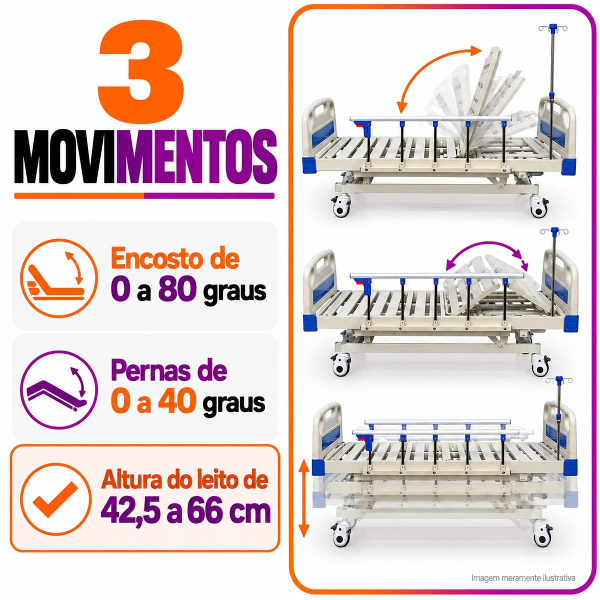 Cama Hospitalar 03 Manivelas MOV3 Até 230 Kg - Movilife