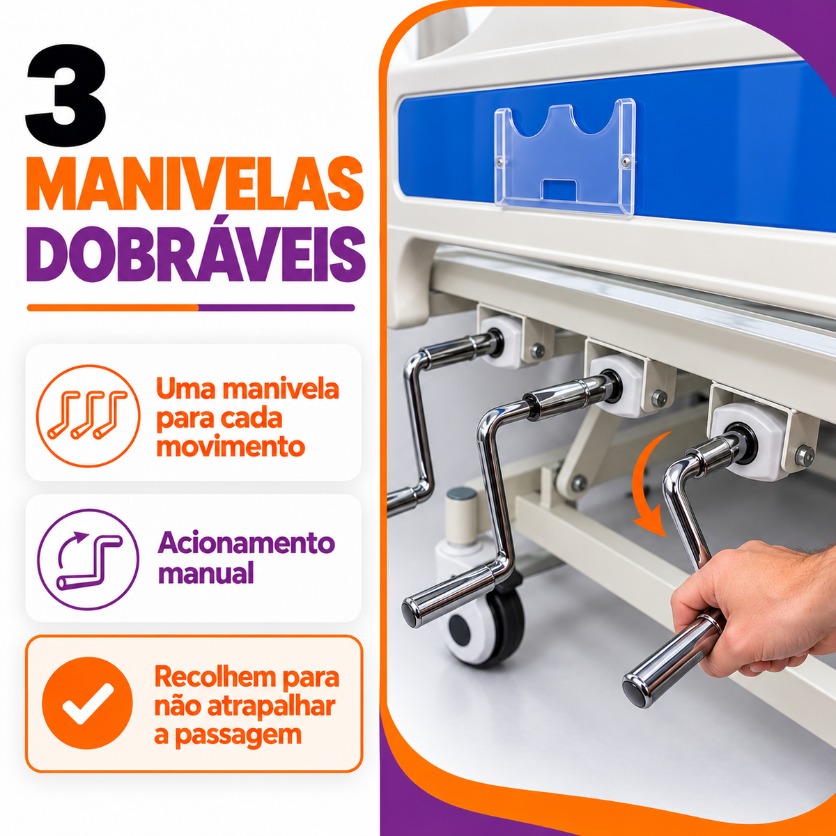Cama Hospitalar 03 Manivelas MOV3 Até 230 Kg - Movilife