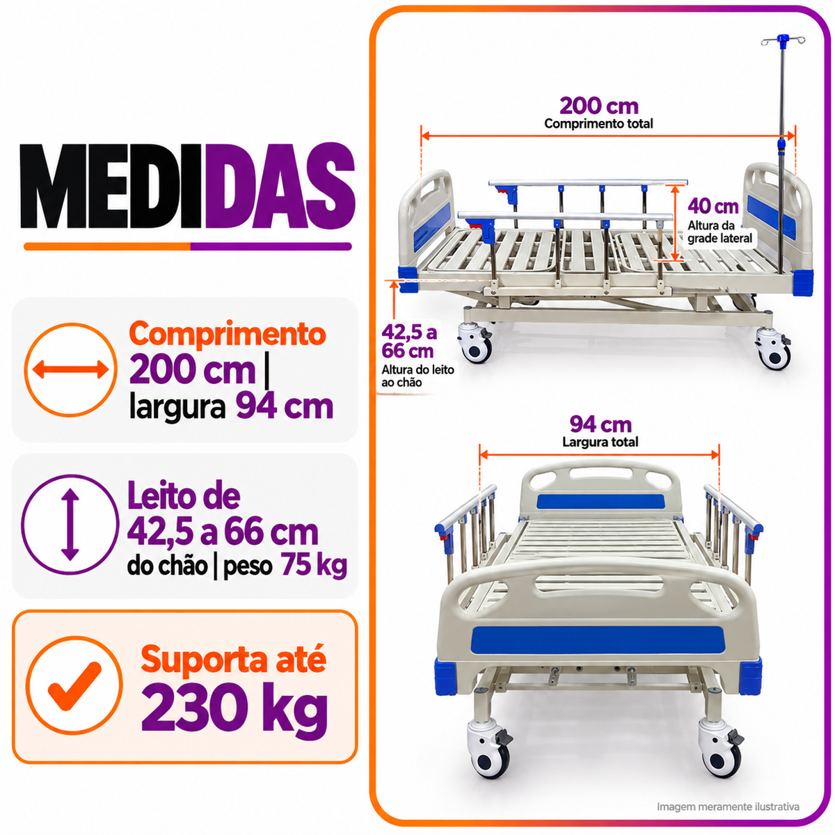 Cama Hospitalar 03 Manivelas MOV3 Até 230 Kg - Movilife