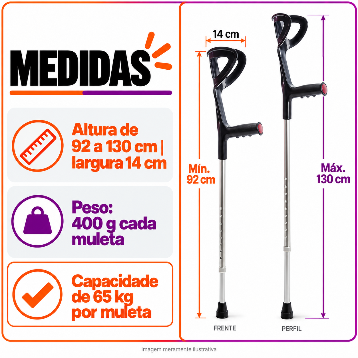 Par de Muleta Canadense MED 22 Preta Até 130Kg - MEDLIVE