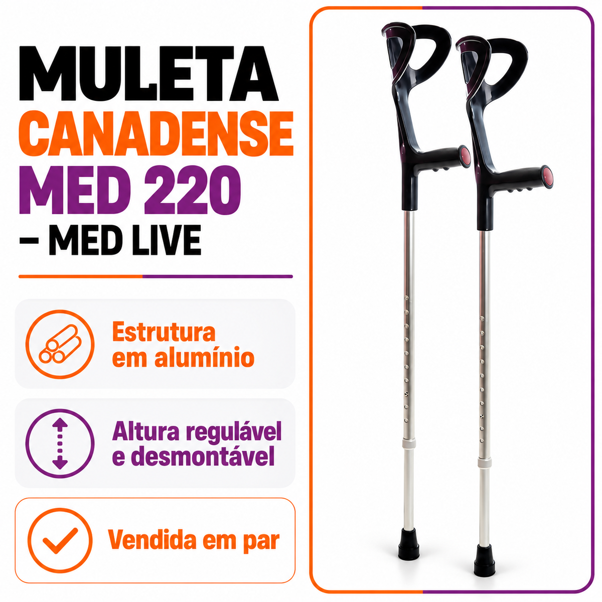 Par de Muleta Canadense MED 22 Preta Até 130Kg - MEDLIVE
