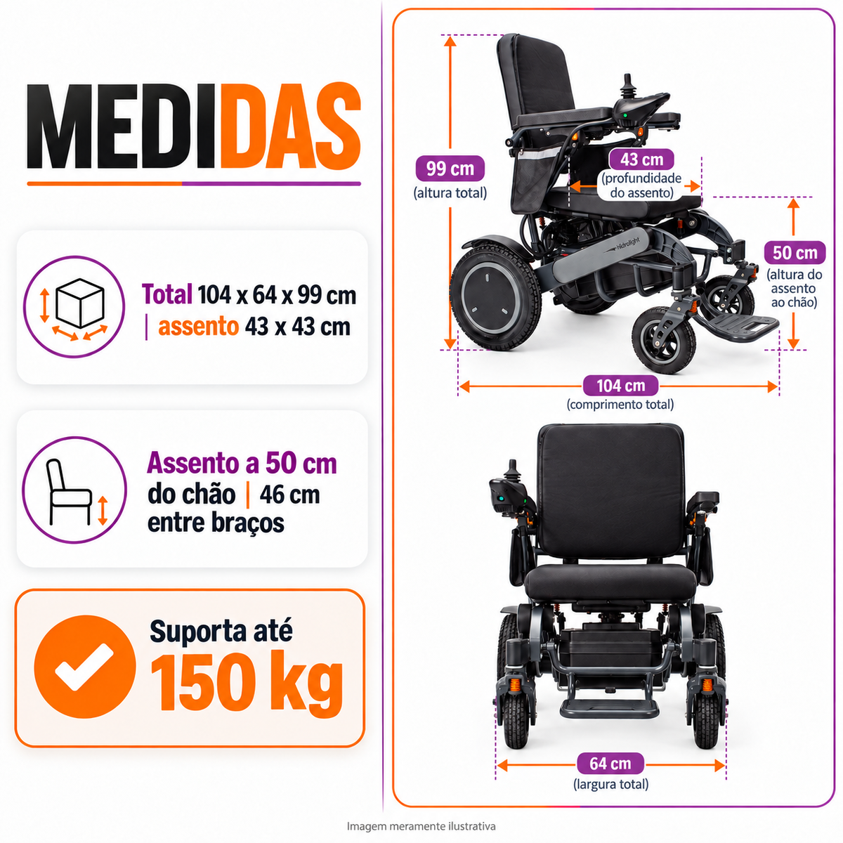 Cadeira de Rodas Motorizada Premium Pro CM03 até 150kg - Hidrolight