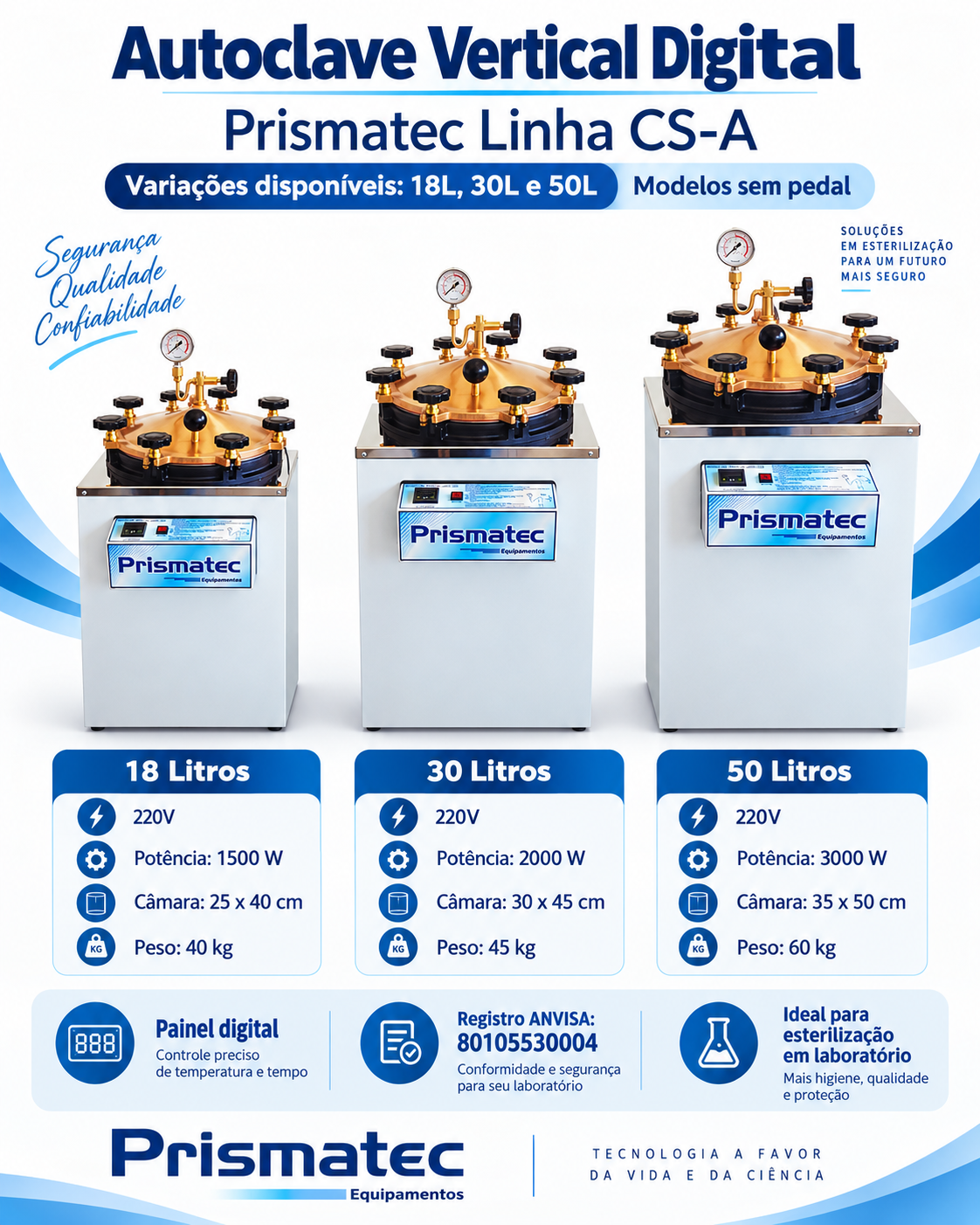 Comparativo das autoclaves Prismatec CS-A 18L 30L e 50L sem pedal