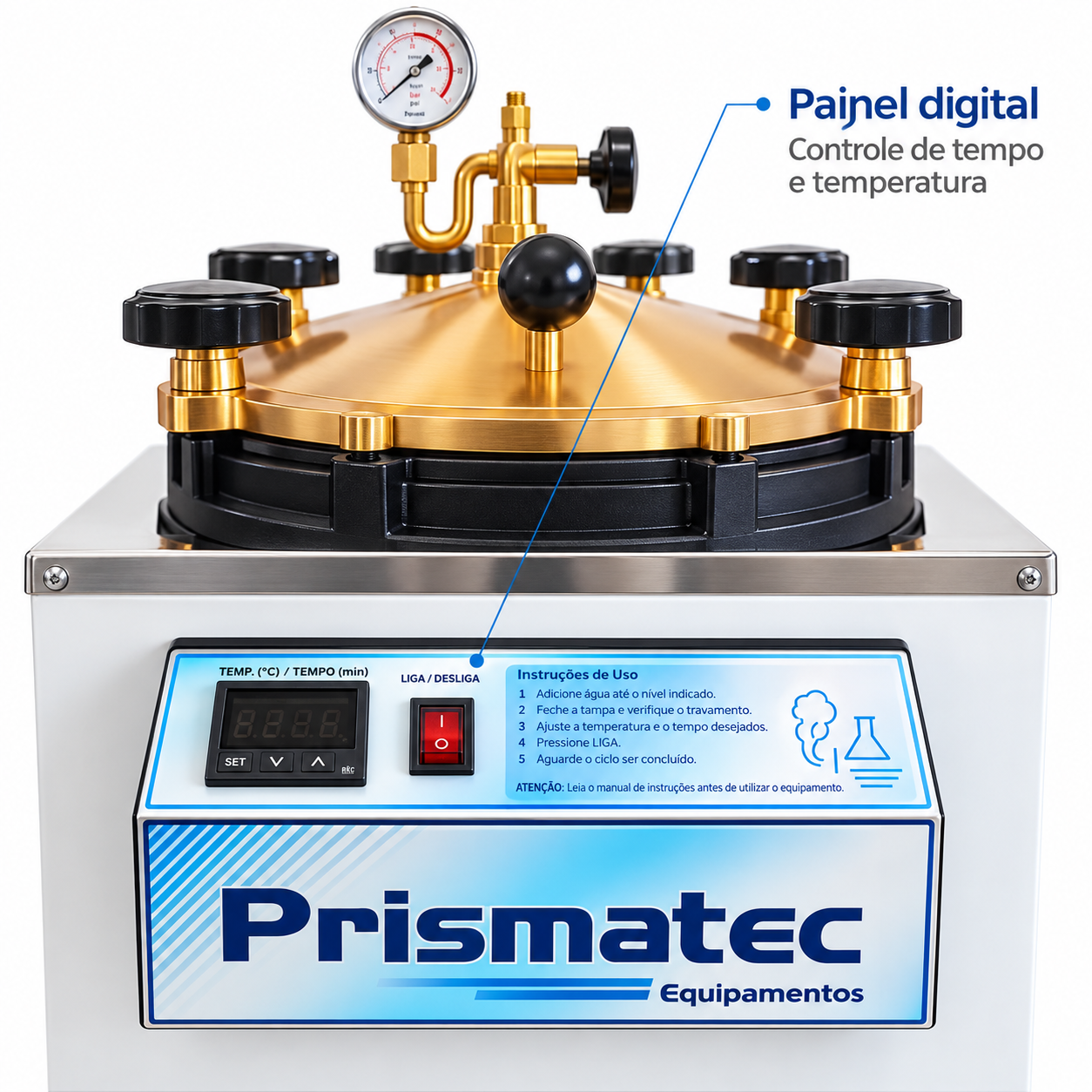 Vista frontal da autoclave vertical digital Prismatec Linha CS-A