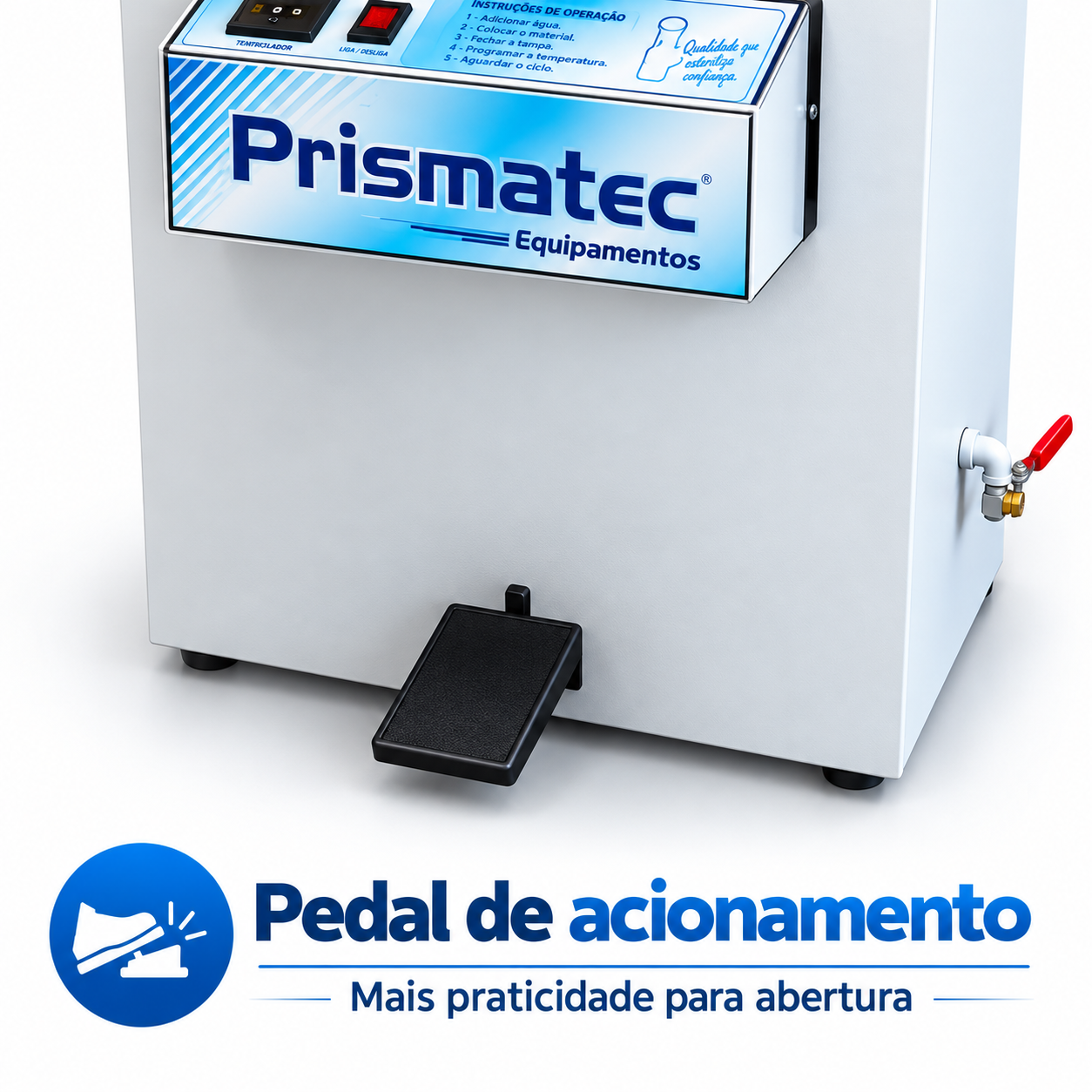Vista frontal Autoclave Prismatec CS-A digital com pedal para laboratório