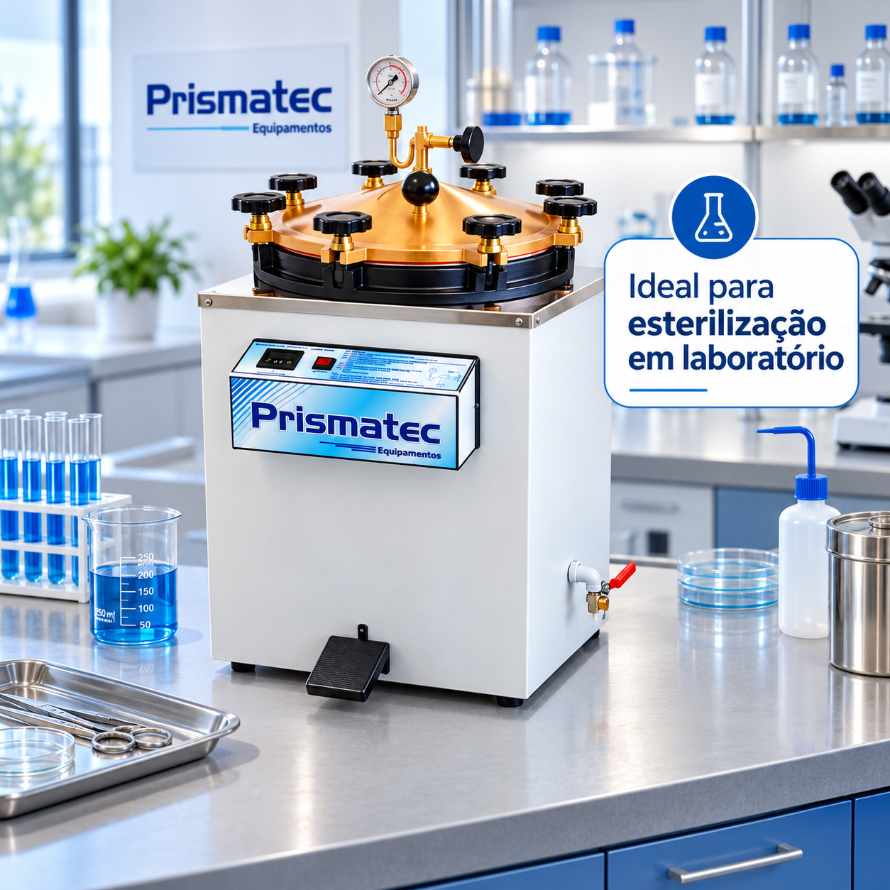 Autoclave Prismatec CS-A com pedal instalada em laboratório