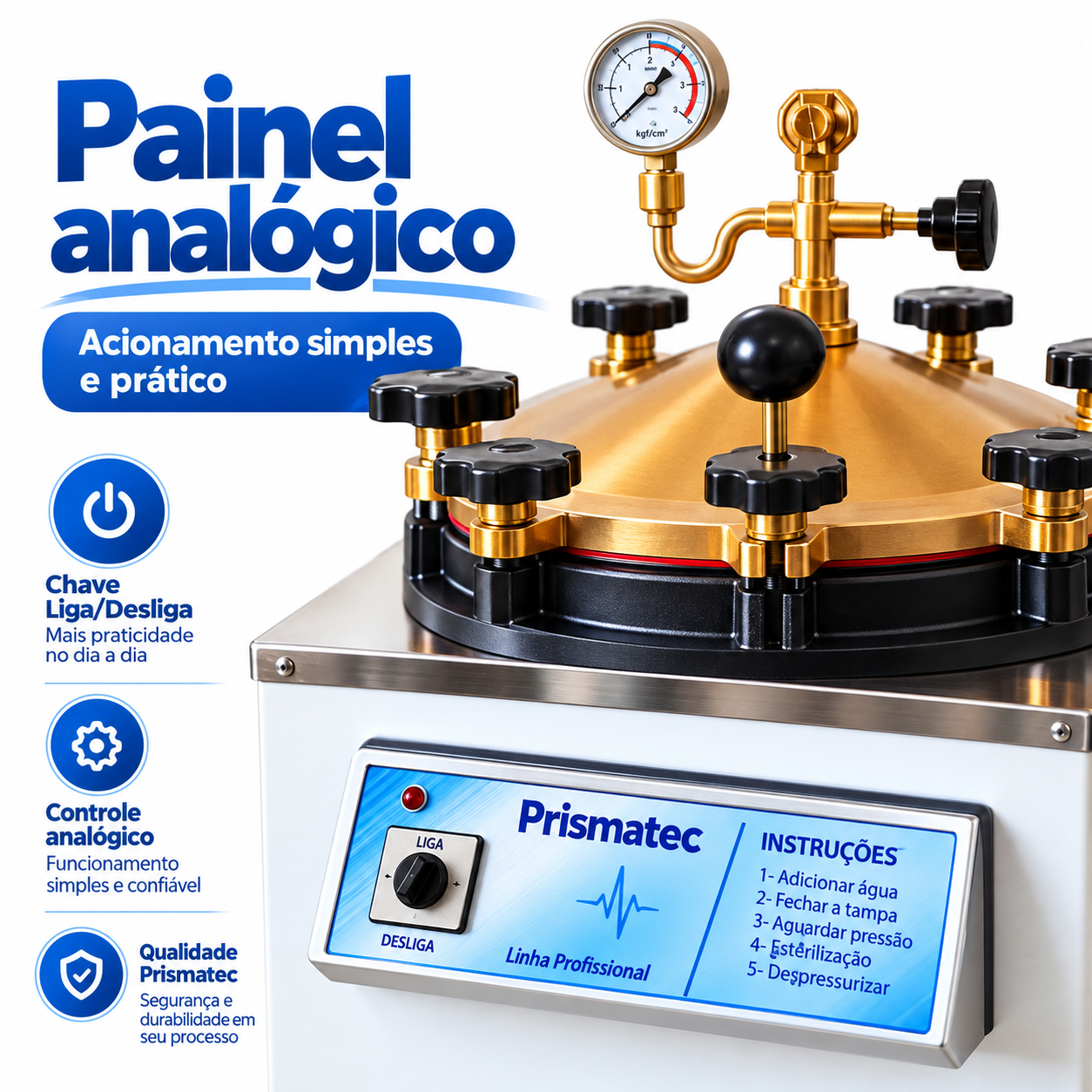 Vista frontal Autoclave Vertical Analógica Prismatec Linha CS sem pedal