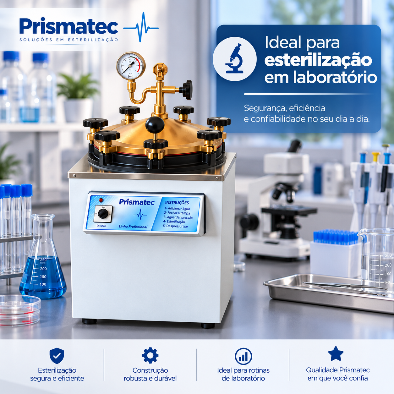 Autoclave Vertical Analógica Prismatec CS instalada em laboratório