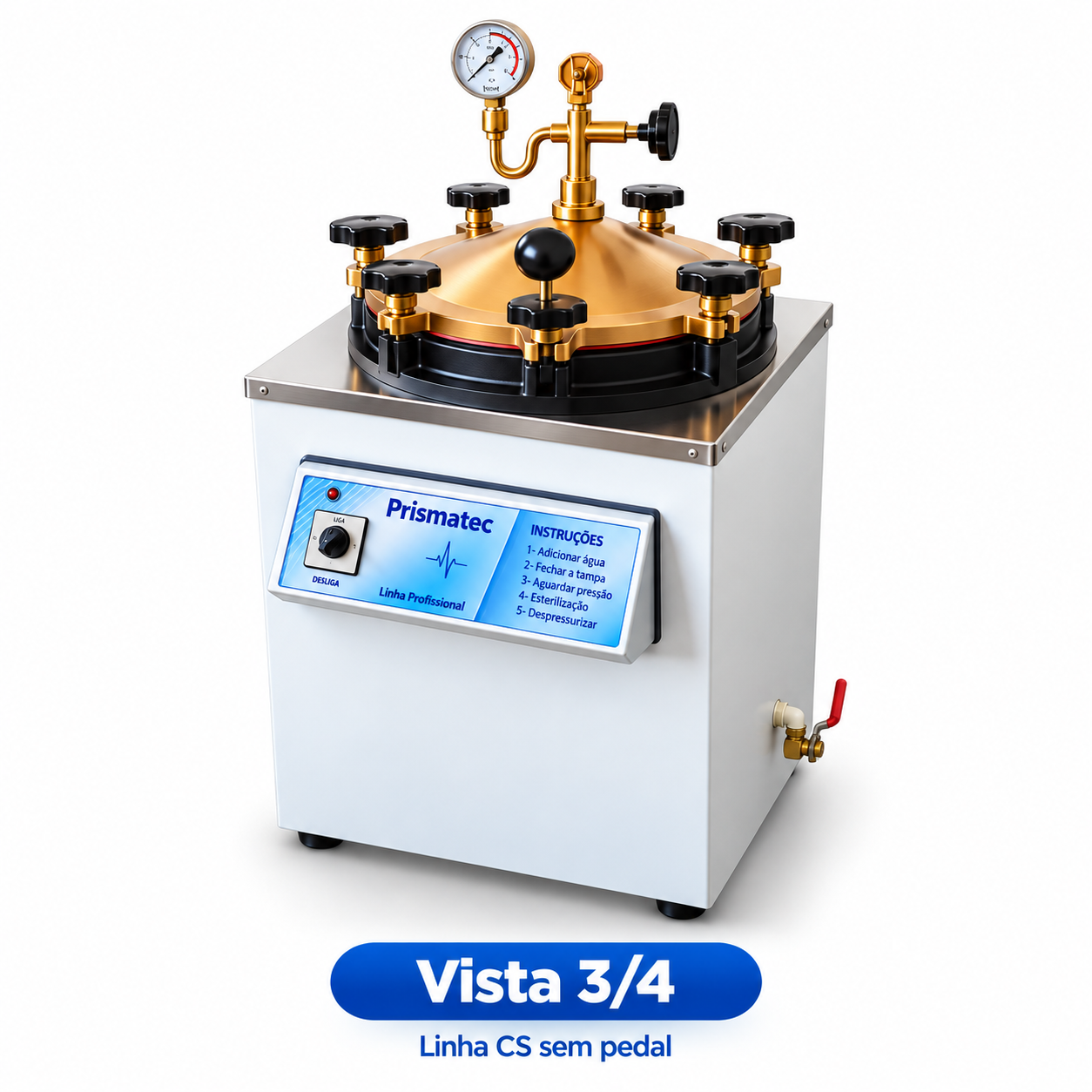 Painel analógico da Autoclave Prismatec Linha CS com chave liga desliga