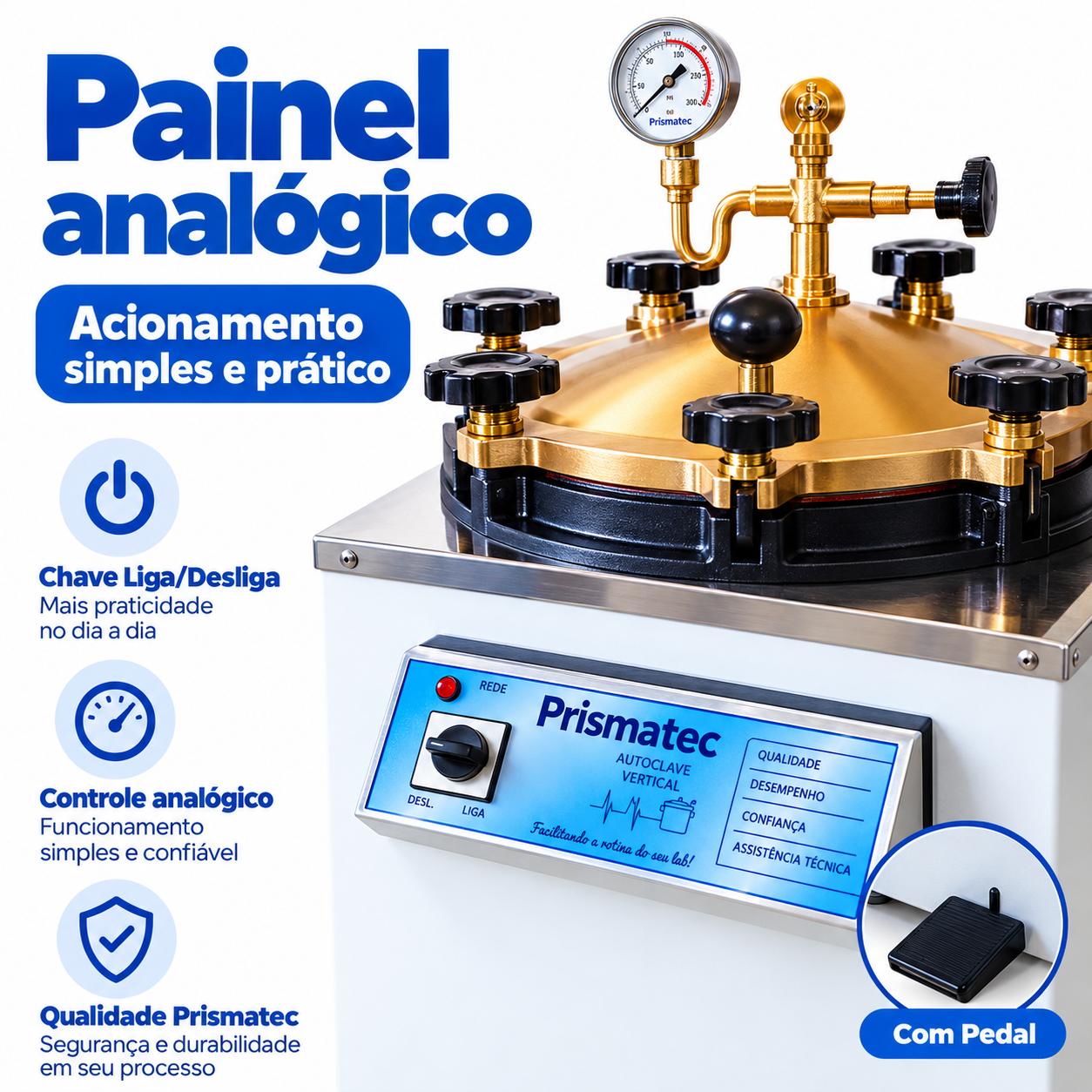 Autoclave Vertical Analógica Prismatec CS com pedal vista três quartos