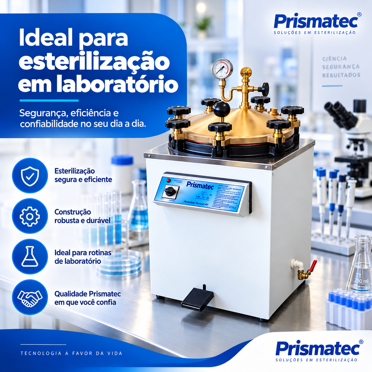 Autoclave Vertical Analógica Prismatec com pedal instalada em laboratório