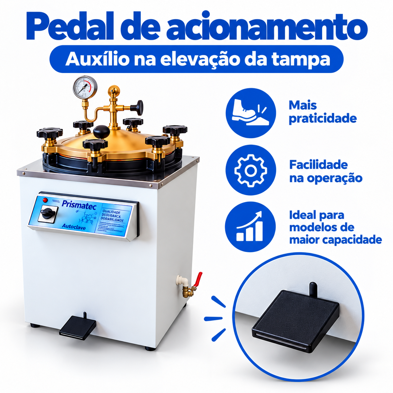Vista frontal da Autoclave Prismatec Linha CS analógica com pedal
