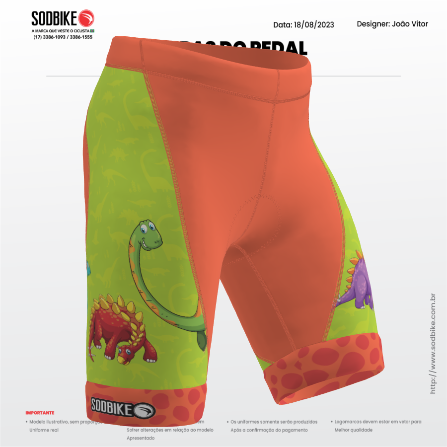 BERMUDA CICLISMO INFANTIL SÓDBIKE, PROTEÇÃO SOLAR 30, FORRO GEL E ESPUMA MISTO, DINO