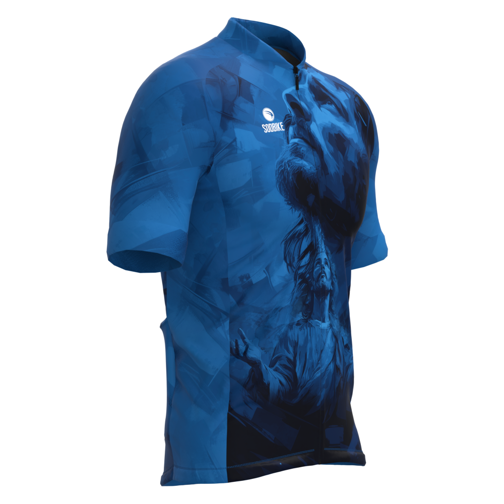 CAMISA CICLISMO MASCULINA SÓDBIKE, PROTEÇÃO SOLAR 20, ZIPER FULL, JESUS AZUL
